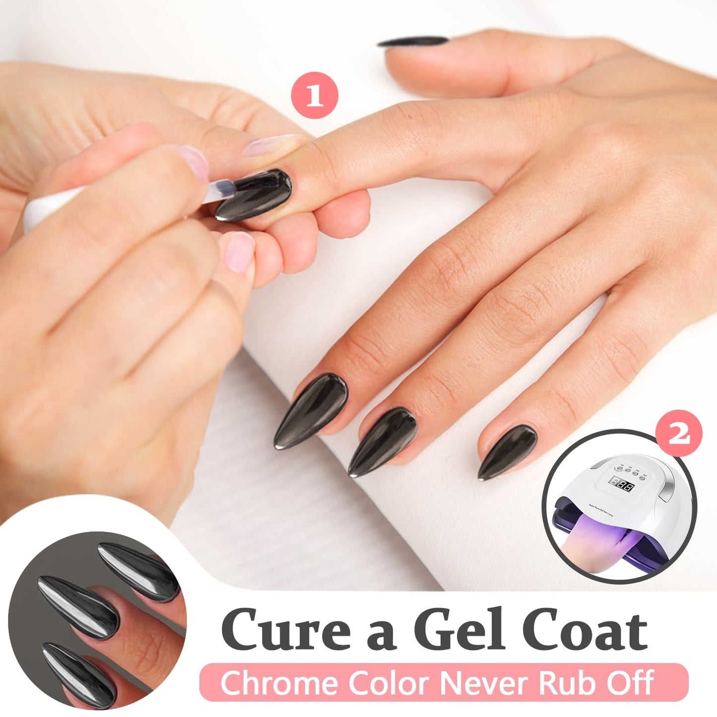 Smoky Grey Chrome Press on Nails Medium Almond, KQueenest Mirror Metal Stiletto Fake Acrylic Nails with Bling Design, Black Glue on Nails for Daily Wear, False Nails Press ons in 24 Pcs