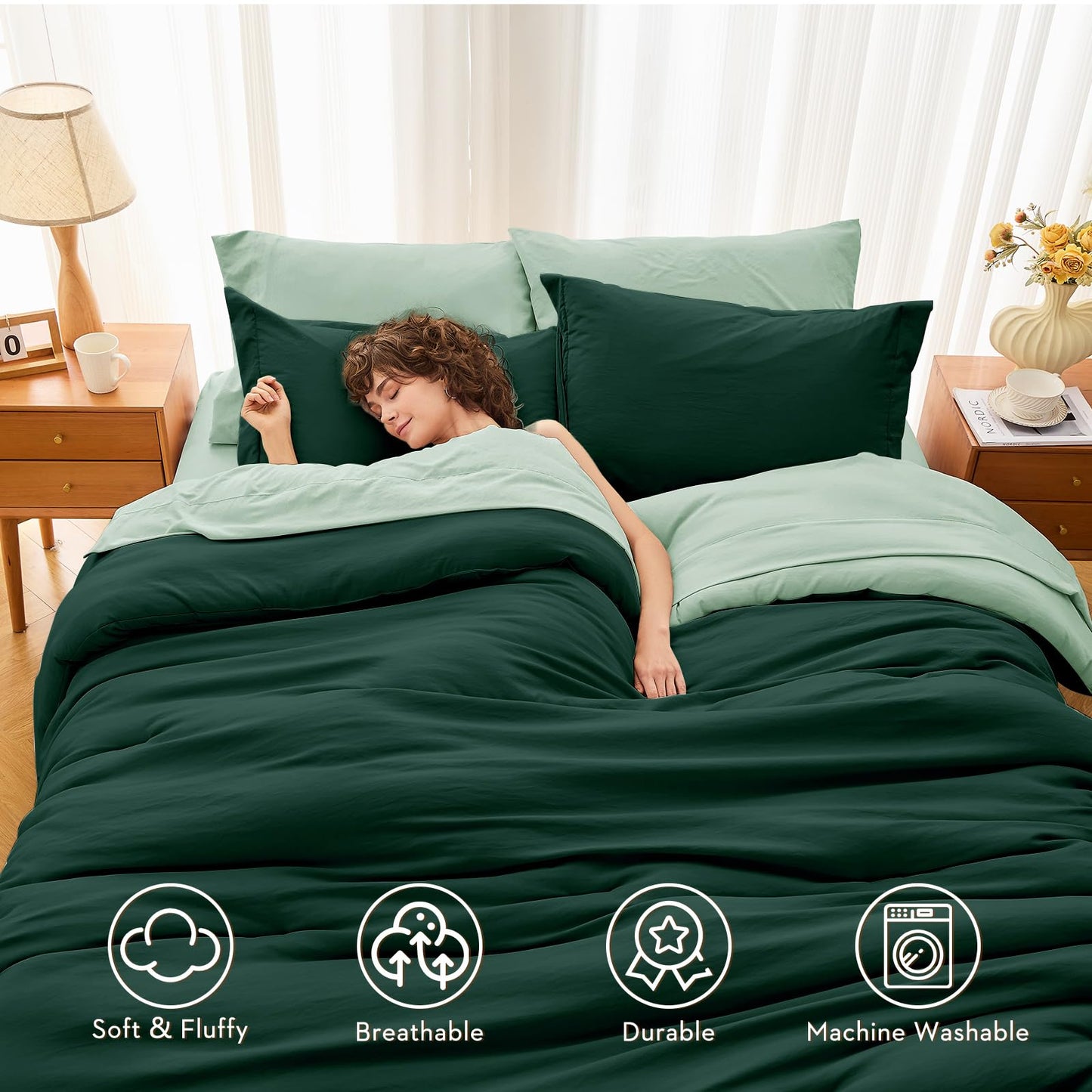 MUXHOMO 7 Pieces King Comforter Set, Soft Bed in a Bag King Size, All Season Bedding Set with Comforter, Flat Sheet, Fitted Sheet, Pillowcases & Shams, Forest Green & Sage Green