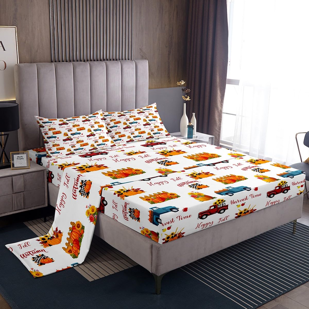 Happy Fall Bedding Set For Kids Queen Plaid Pumpkin Truck Bed Sheets Thanksgiving Harvest Season Sheet Set Autumn Sunflower Harvest Time Fitted Sheet Red Blue Orange Flat Sheet + 2 Pillow Cases
