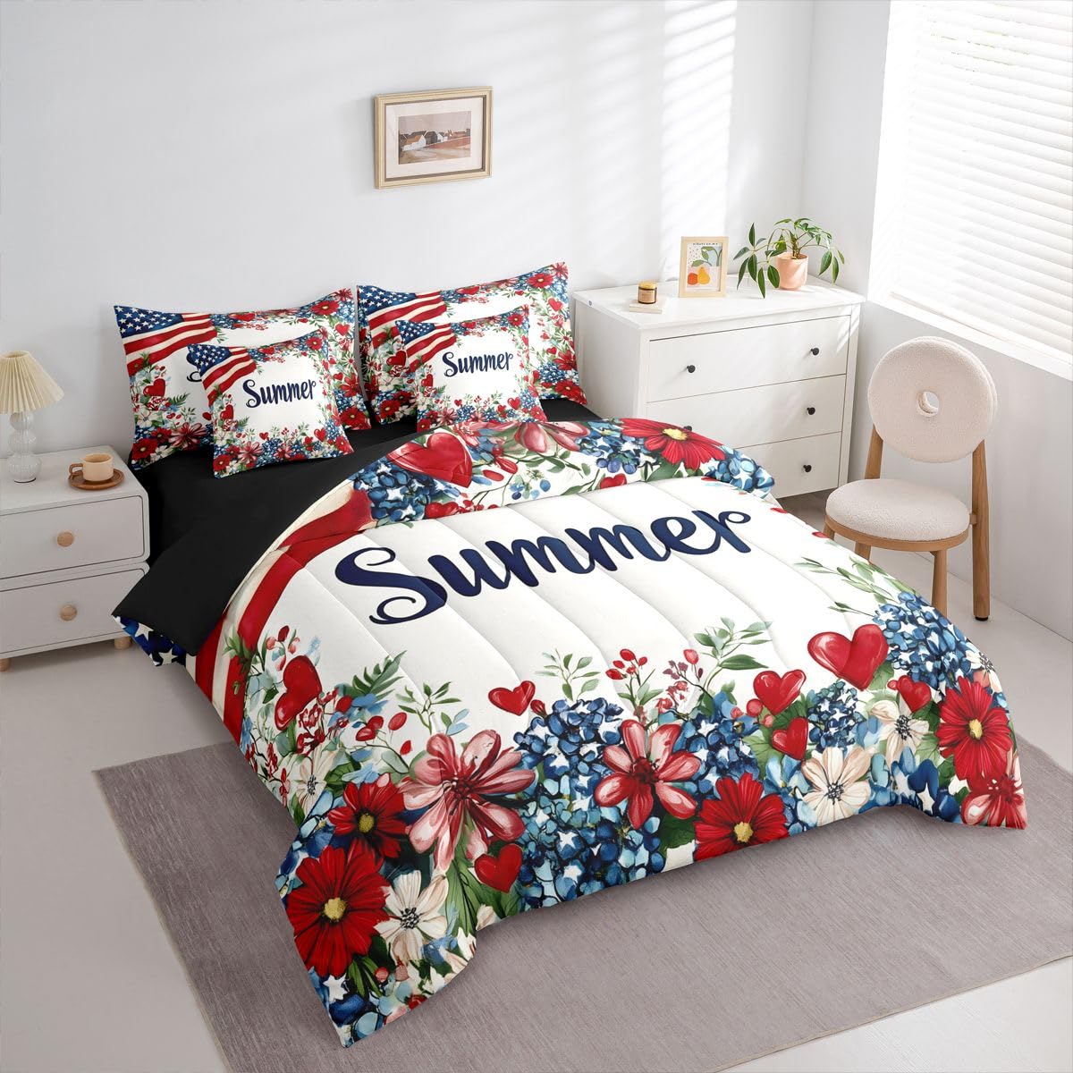 Erosebridal American Flag Queen Bedding Set Patriotic Floral Comforter Set with Flat and Fitted Sheet Kids Adults Summer Flower & Heart 7-Piece Bed in a Bag Fourth of July Art Quilt Sets