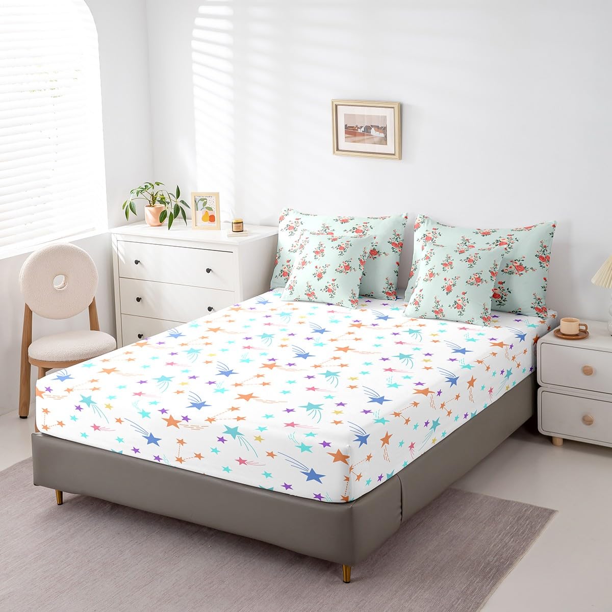 jejeloiu Kids Cute Rose Comforter Set 7 Pieces Full Size Flower Floral Bedding Set for Boys Girls Nature Spring Bed Set Bed in a Bag with Comforter, Sheets, Pillowcases & Cushion Covers