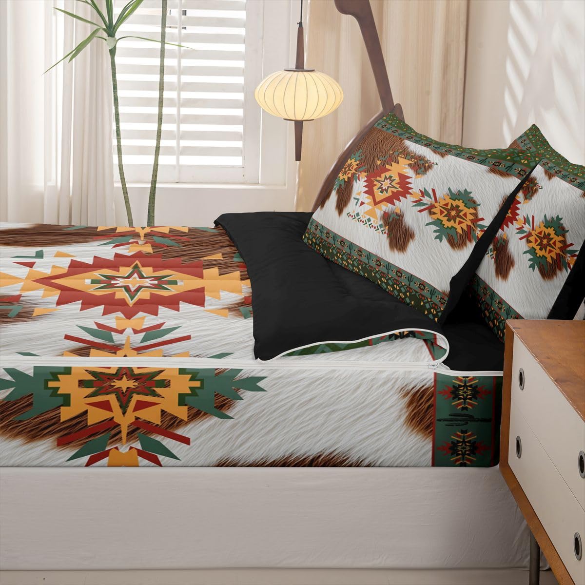 Feelyou Southwestern Zipper Bedding Twin Geometric Zipper Bedding Sets for Kids Boys Girls Tribal Comforter Set with Fitted Sheet and Pillowcases