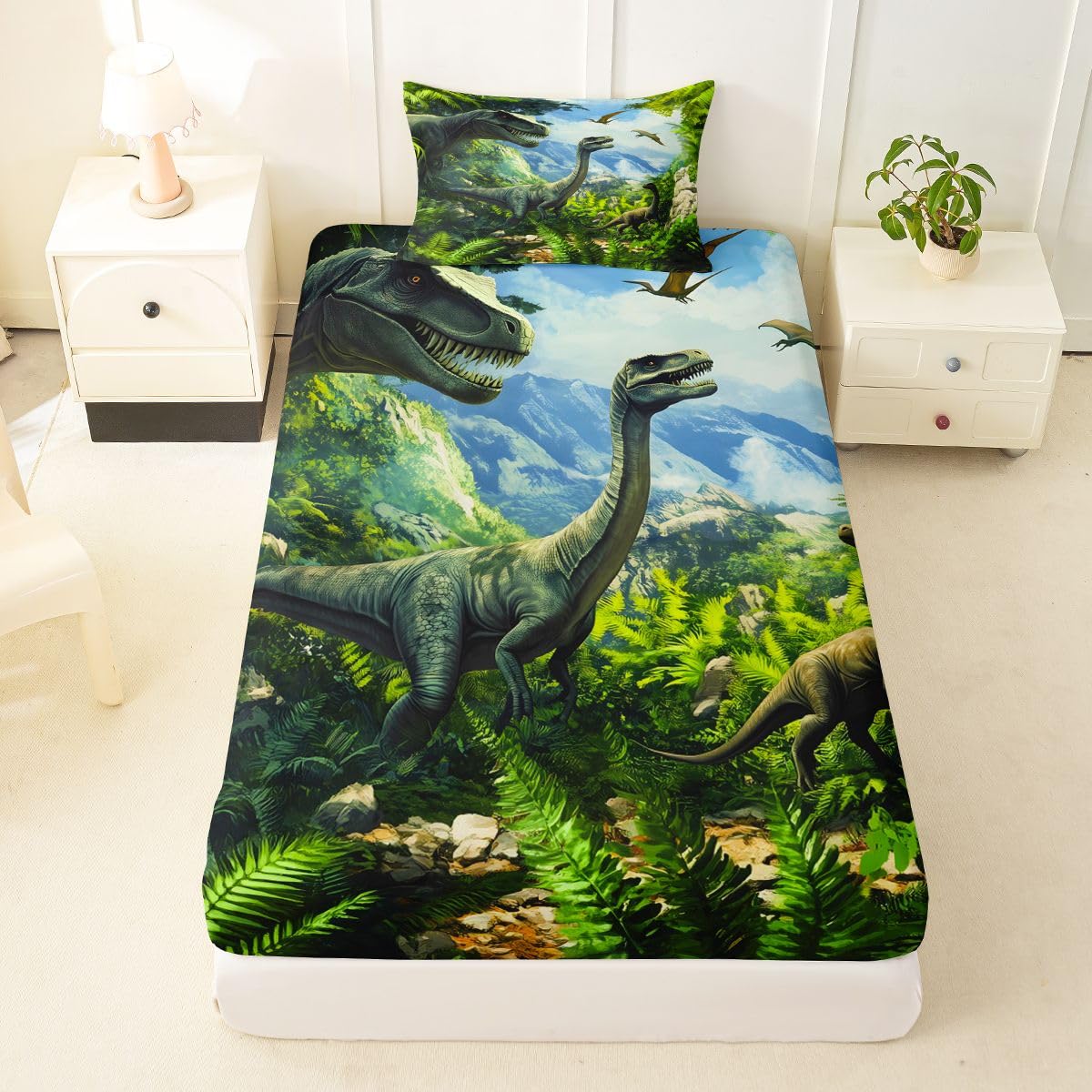 Feelyou Dinosaur Bed Sheets Sets Twin Size Kids Boys Girls 3D Digital Print Bedding Set Jungle Dino Bed Sheet Set with 16-Inch Deep Pockets Wild Animal 3Pcs with 1 Pillow Cases Green Blue White