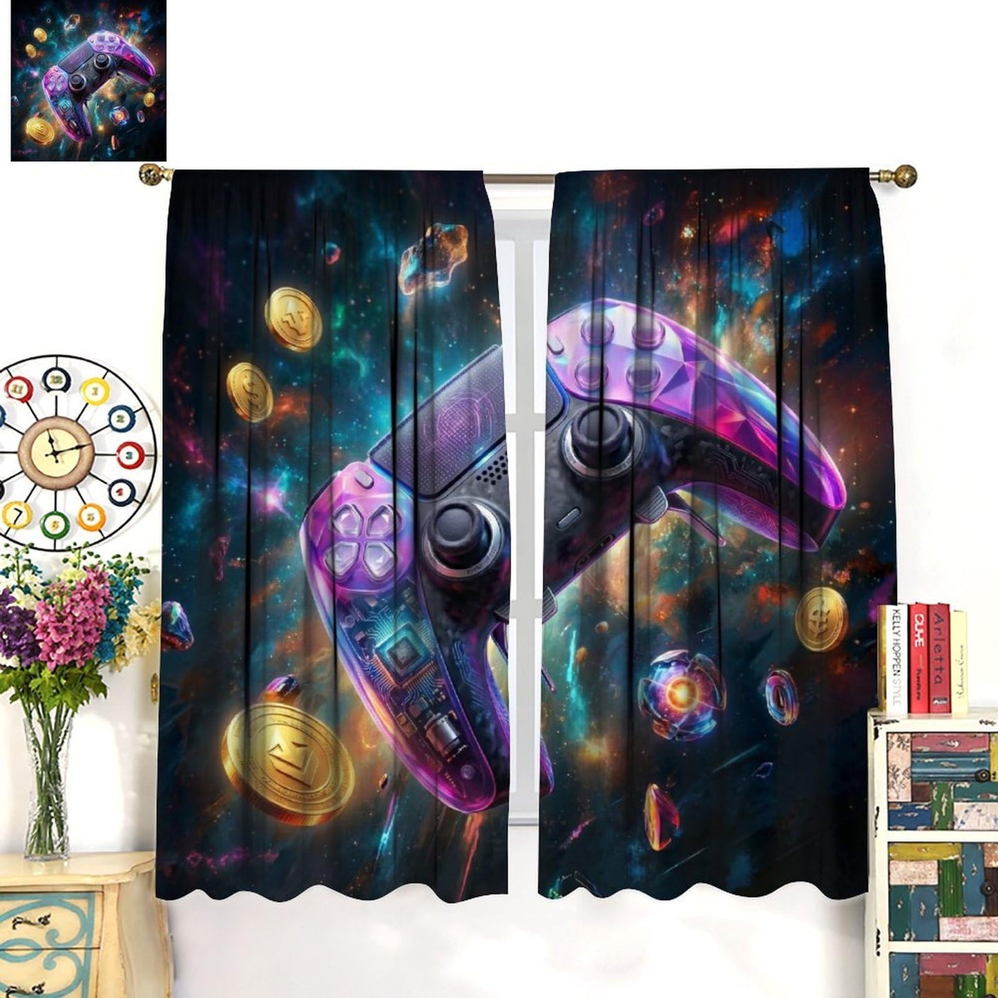 VUMIVI Gaming Curtains Cool Space Galaxy Game Controller Tech Circuit Board Cosmic Rod Pocket Window Treatments for Boys Bedroom Gamer Room Apartment Dorms Cafe 42" W X 44.5" L