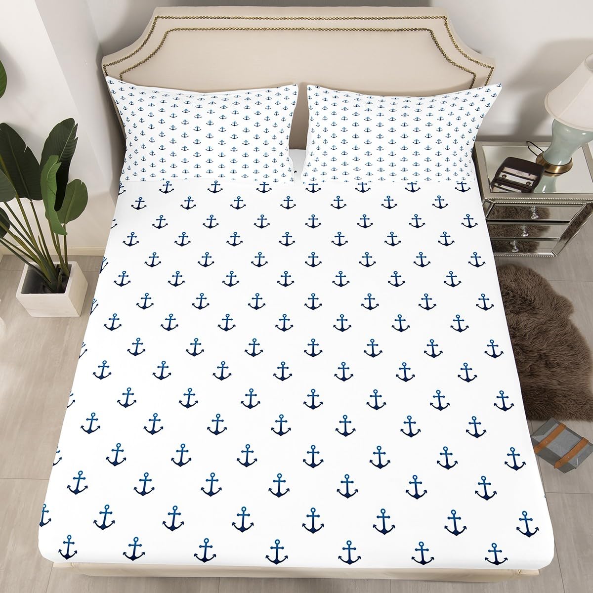 Cartoon Anchor Kids Fitted Sheet Twin Size,Nautical Adventure Ocean Anchor Bedding Set,Girls Boys Men Room Decor,Lake House Fishing Bed Cover,Blue White Fashion Bed Sheet,1 Pillowcase