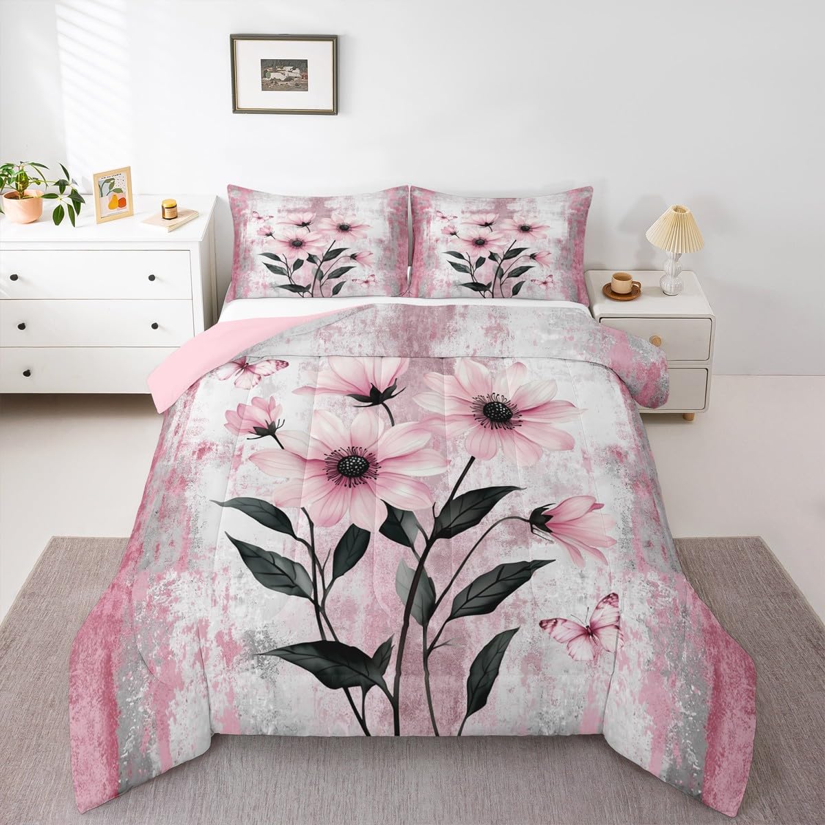Erosebridal Watercolor Daisy Flowers Queen Comforter Set Abstract Oil Painting Bedding Set Rustic Farmhouse Bed Set Ombre Pink White Quilt Set