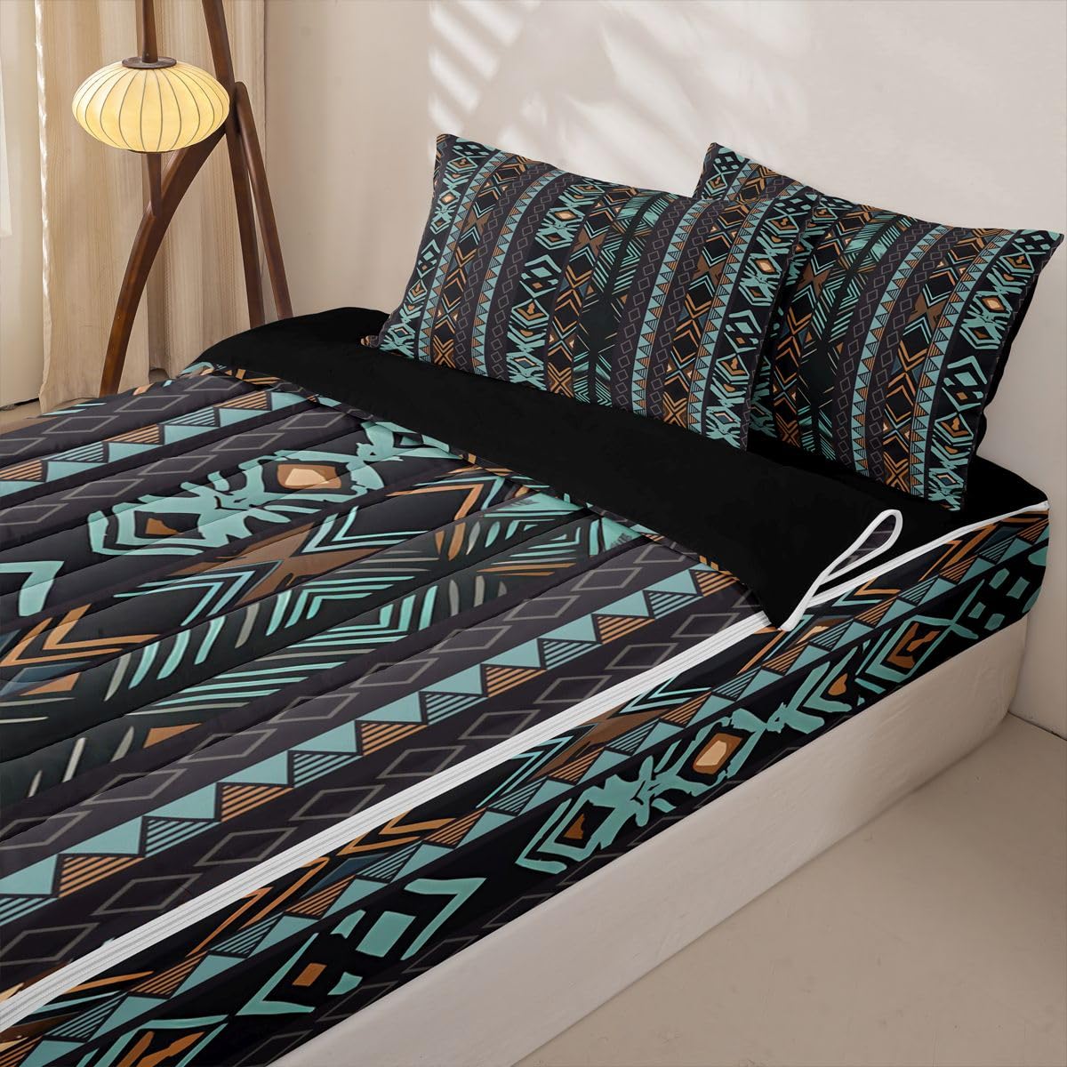 Erosebridal Western Zipper Bedding Set Queen Zip Up Bedding Navajo Style Aztec Comforter Set with Sheets for Boys Girls,Southwestern Bed in a Bag Ethnic Geometric Bed Sets with 2 Pillowcases