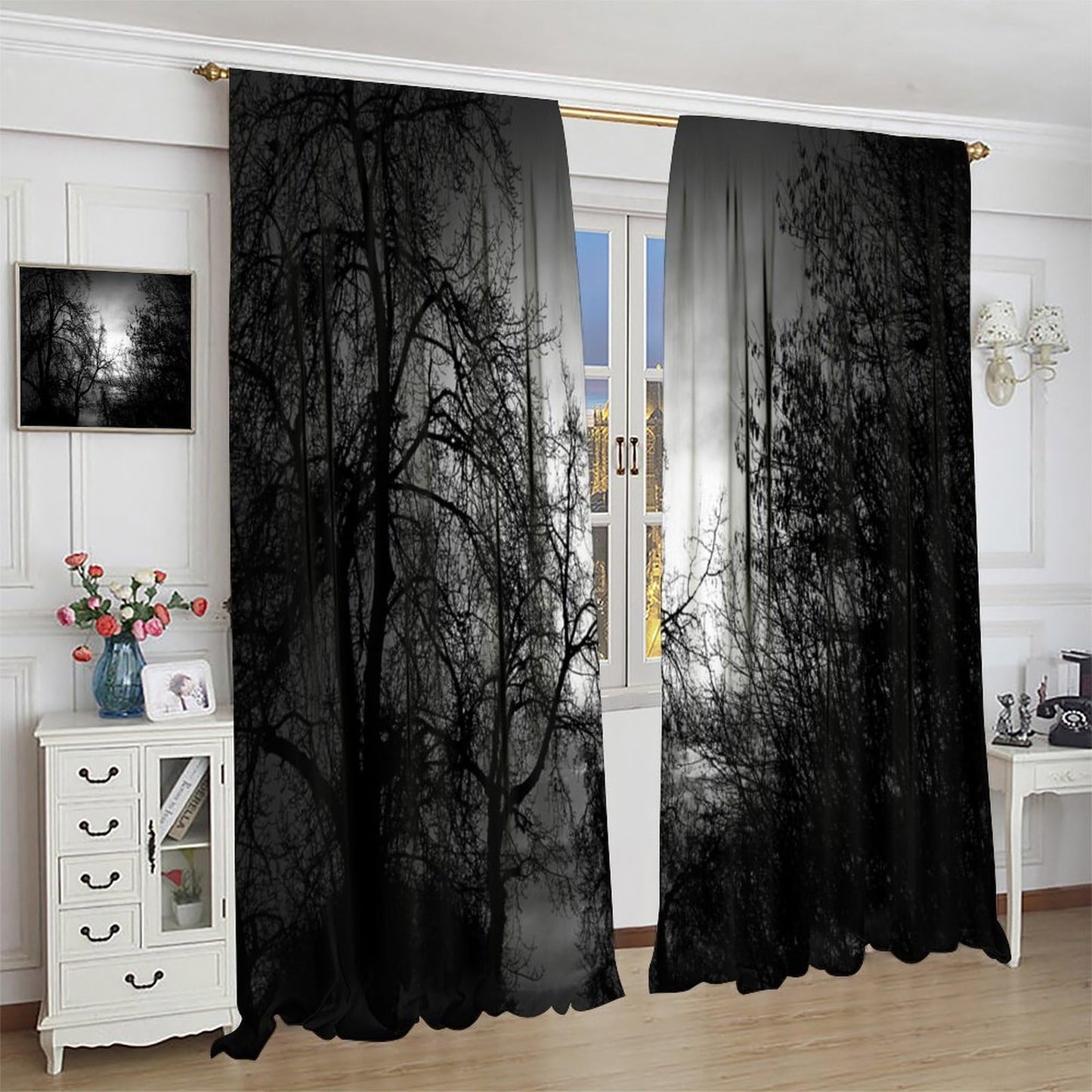 Gothic Forest Curtains Dark Black Forest Foggy Mysterious Pine Black Tree Forest Nature Scenery Blackout Window Treatments for Living Room Bedroom Window Drapes 42" W X 45" L