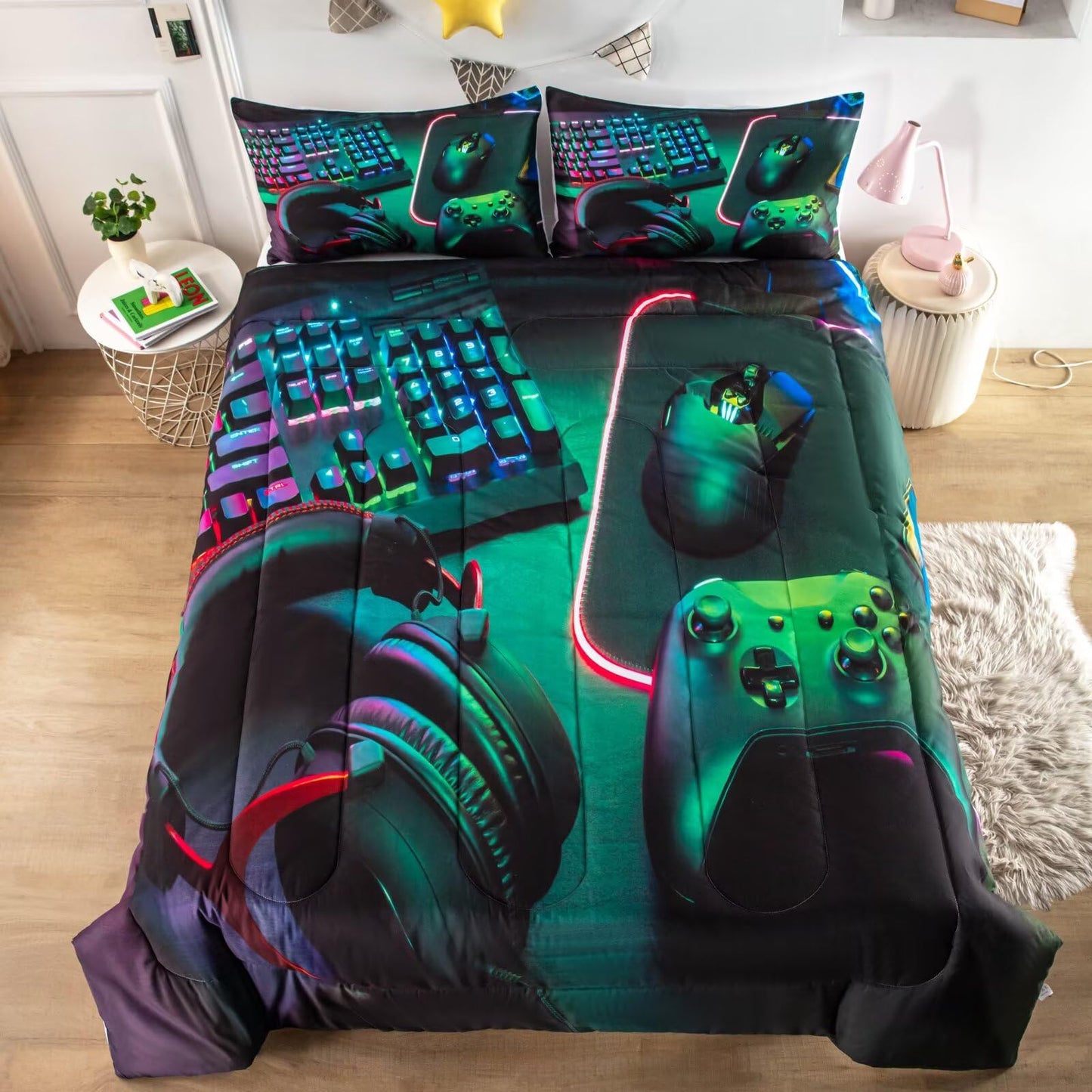 GRAT TIOC Gamer Comforter Sets for Teen Boys,Gaming Bedding Sets Twin,Video Game Bedspread,Game Gamepad Bedrooom Bed Set,Controller Gamer Home Decor 3 Piece