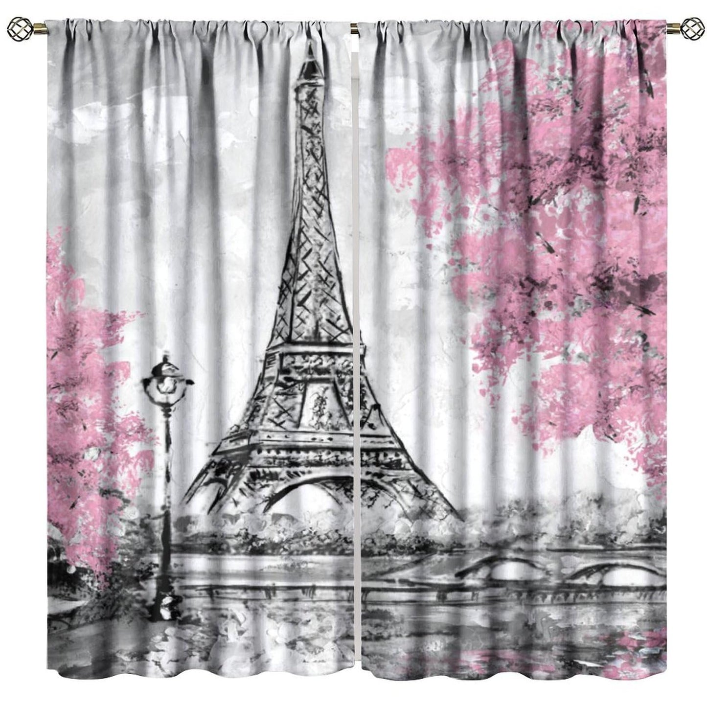 Eiffel Tower Curtains Pink Scene Romantic Decor Paris Eiffel Tower Cityscape Rod Pocket Window Treatments for Girls Women Bedroom Living Room 2 Panels 41" x 45" （No Blackout）
