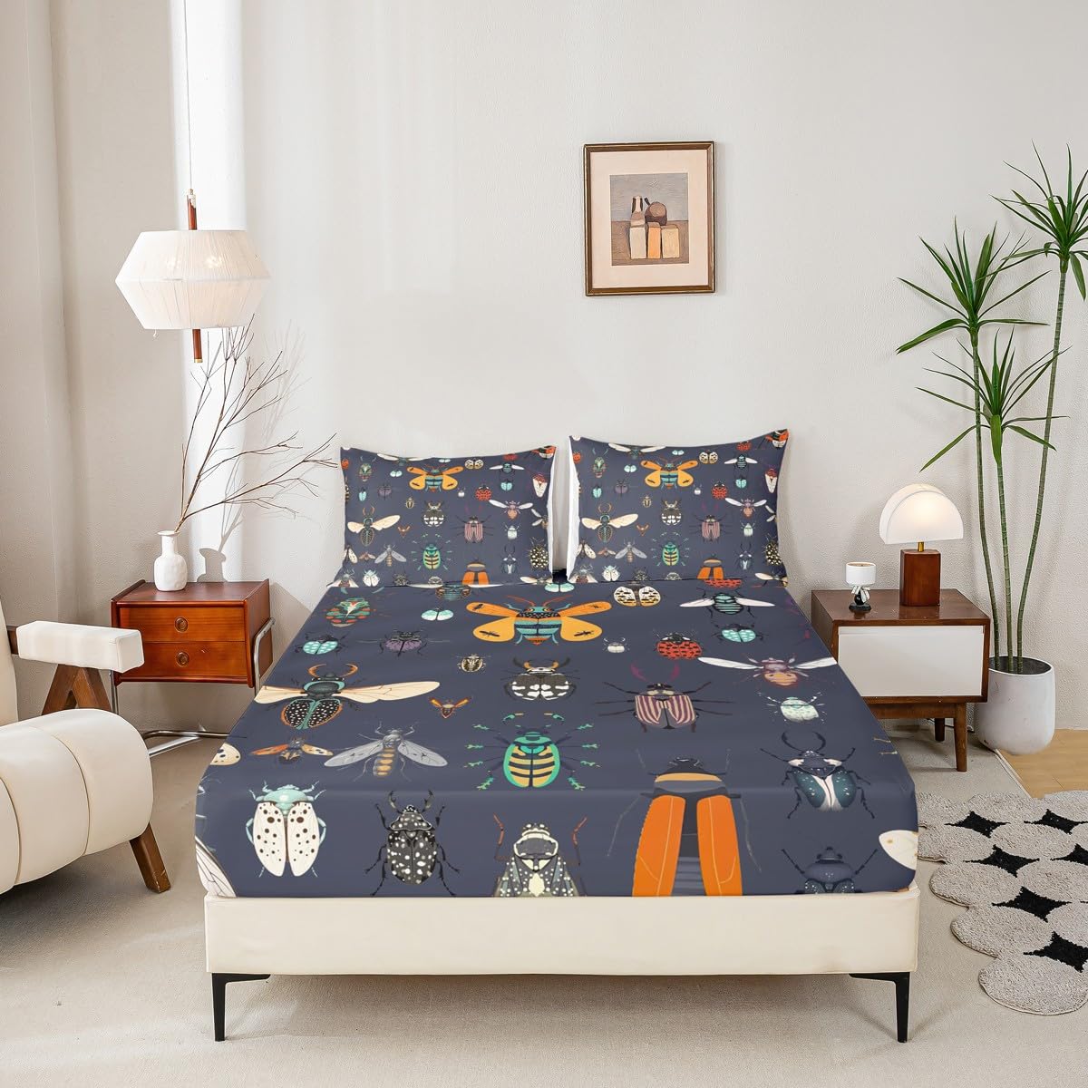Beetles Bed Sheet Set Twin Size Cartoon Ladybug Moth Sheet Set Nature Wild Animals Sheets for Boys Girls Bedroom Dark Purple Bedding Set with Flat Sheet Fitted Sheet Pillowcase 3Pcs