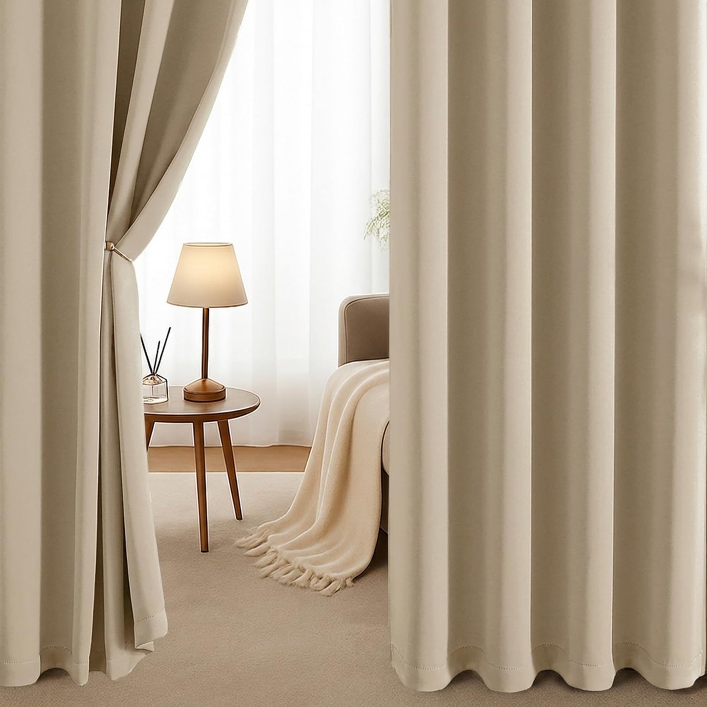 Simplebrand Biscotti Beige Room Darkening Curtains for Bedroom 63 Inch Length 2 Panels Set, Thermal Insulated Energy Saving Curtains for Kids Room, Solid Nursery Window Treatment Drapes, W40 x L63