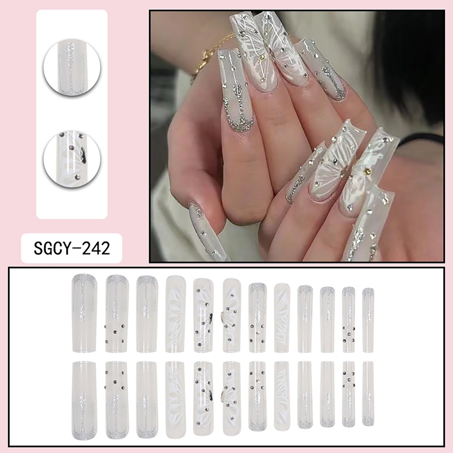 RTKHFZE Long Coffin Press on Nails Cute Acrylic Fake Nails Nude Glitter False Nails with Butterfly Pattern Designs Rhinestone Artificial Nails Full Cover Stick on Nail for Women 24Pcs