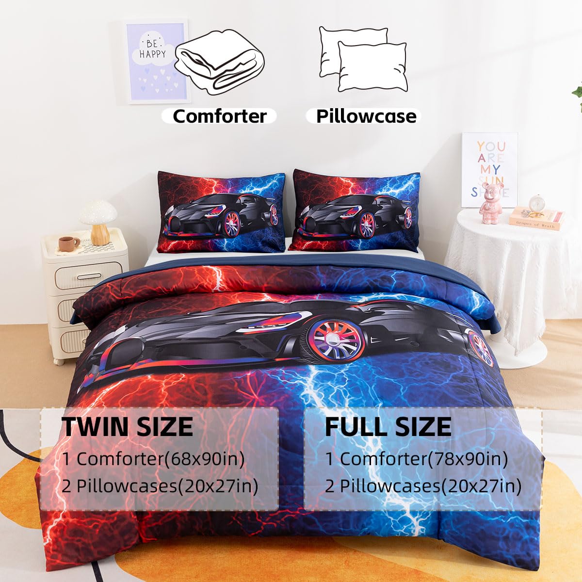 Podol 3 Pieces Race Car Comforter Set Twin Size Red and Blue Sports Car Bedding Sets for Boy Lightnings Tie Dye Bed in a Bag