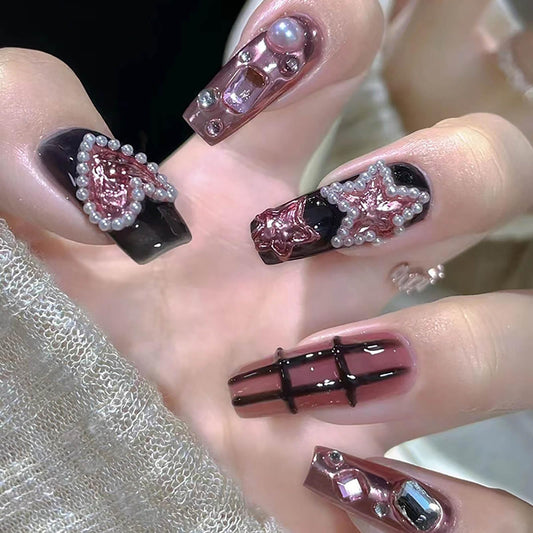 RTKHFZE Press on Nails Medium Square Fake Nails Black Full Cover Acrylic False Nails with Pearl Jewelry and Rhinestones Designs Artificial Press on Stick on Nails for Women Nail Decorations