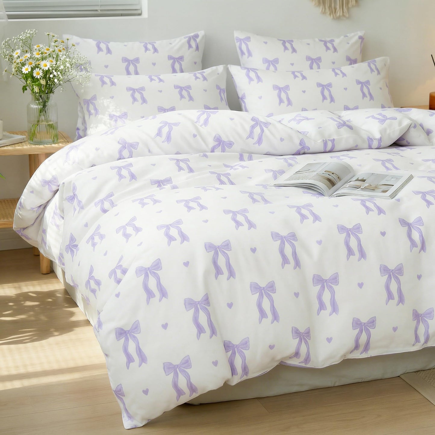 Sedefen Purple Bow Duvet Cover, 3 Pieces Cute Heart Pattern Bedding Set, Reversible Coquette Aesthetic Bowknot Love Printed Duvet Cover Set for Girls Bedroom, All Season