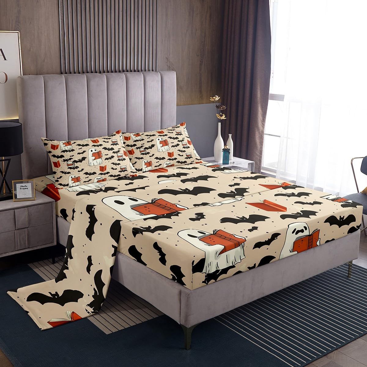 jejeloiu Halloween Decor Bed Sheets Sets Twin Size Kids Boys Girls Cartoon Ghost Bedding Set Bats Bed Sheet Set with 16-Inch Deep Pockets Spooky Halloween Decorations 3Pcs with 1 Pillow Cases
