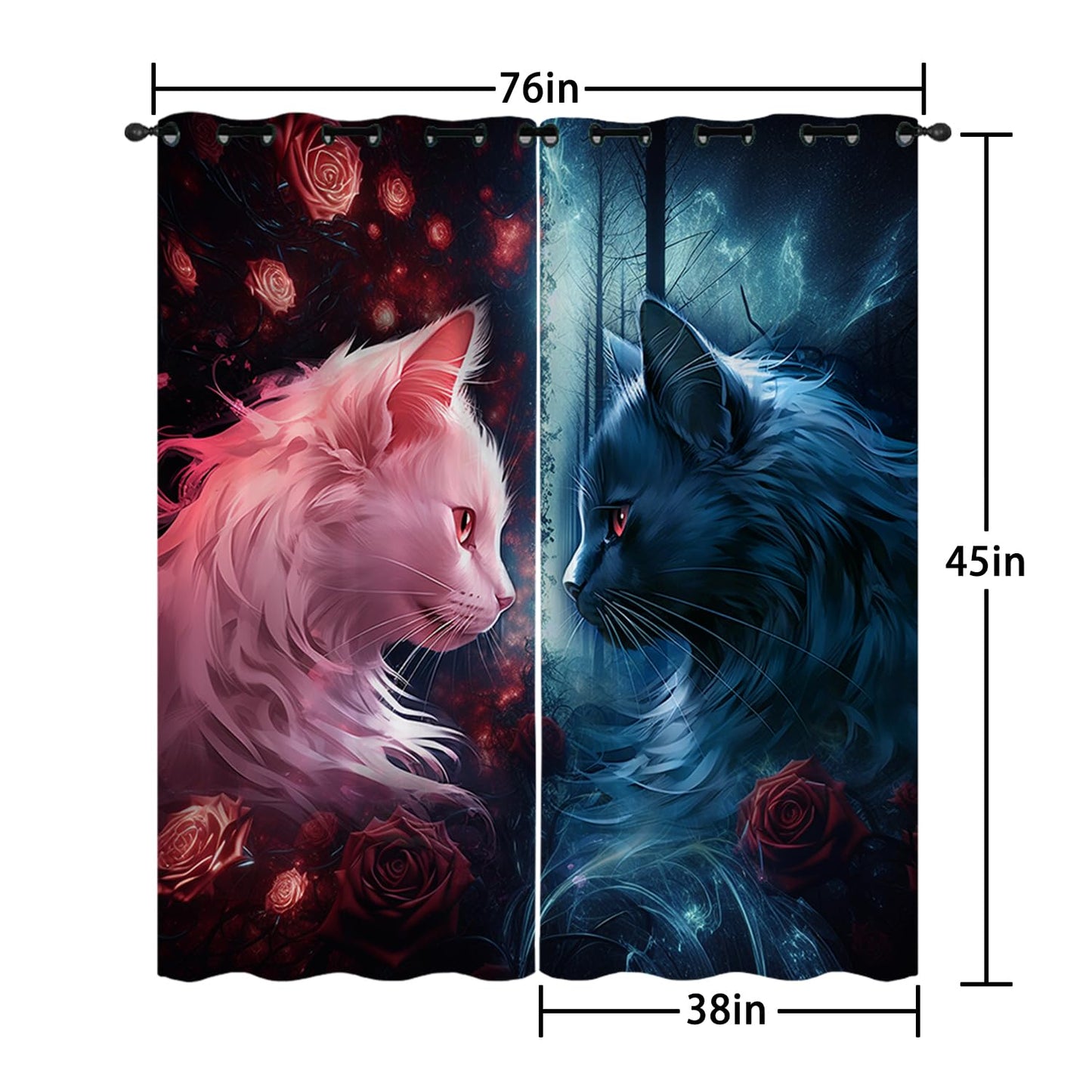 AILONEN Kids Bedding Black Red Cat Window Curtains for Girls,Boys Room Decor,Cat Lover's Animal Theme Design Curtains Drapes,Red Rose Window Treatments Drapes, 38" W x 45" H 2 Panels