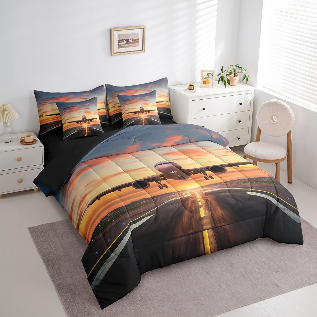 Erosebridal Airplane Full Bedding Set 7 Piece Aircraft Bed in A Bag Airport Runway Comforter Set for Kids Boys Adults Men Airplane Sheet Set with Comforter