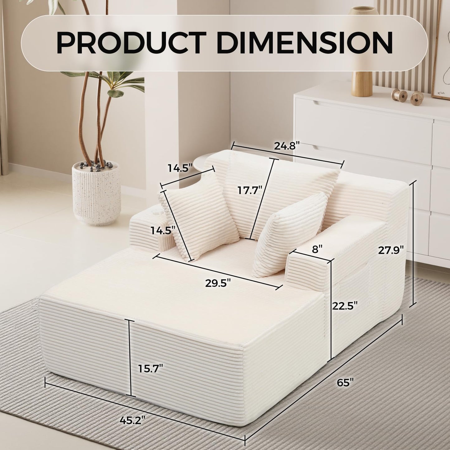 65" Chaise Lounge Chair Indoor, Oversized Corduroy Sofa Bed with 3 Pillows, Boneless Sleeper Couch Chairs, Cloud Sleeper Sofa for Bedroom Living Room with Storage Pocket & Cup Holder, White