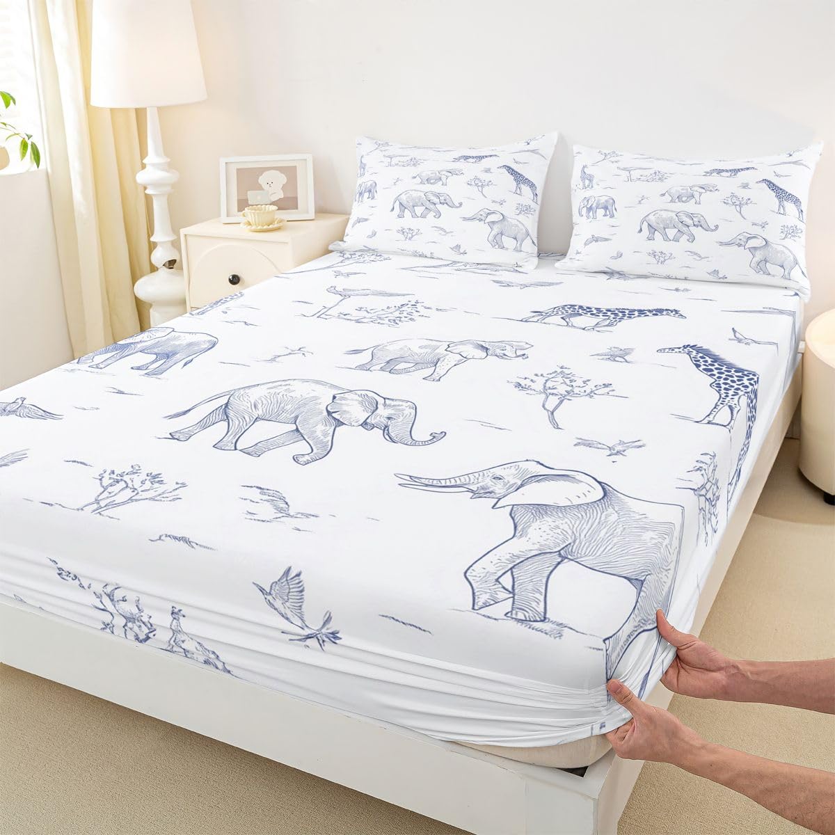 Erosebridal Jungle Animals Bed Sheets Full Cartoon Kawaii Sheet Set for Kids Boys Girls Hunter Brown Rust Wildlife Sheets Elephant Lion Giraffe Animal Flat Fitted Sheet 3 Pcs