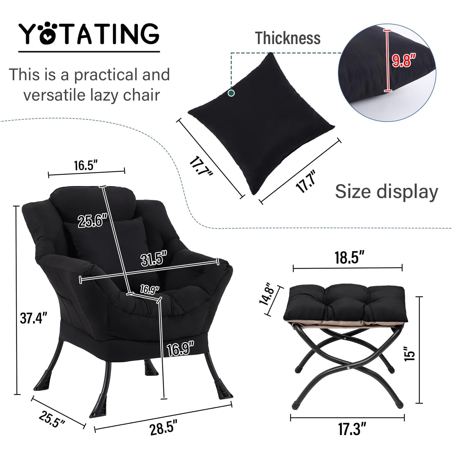 YOTATING Lazy Chair with Ottoman, Comfy Reading Chair with Footstool & Pillow Modern Lounge Chair with Armrests & Side Pocket for Living Room, Bedroom, Dorm Room，Black
