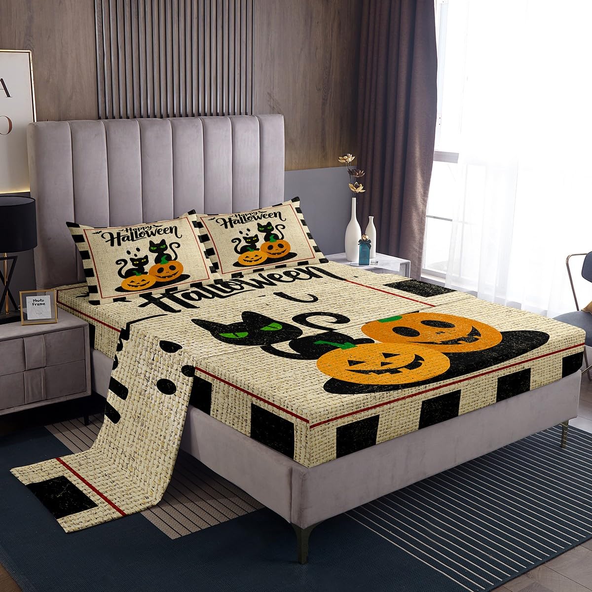 jejeloiu Pumpkin Bed Sheets Set Queen Size Halloween Decor Bed Set Black Cat Deep Pocket Fitted Sheet Spooky Halloween Pattern Breathable Soft Lightweight Microfiber