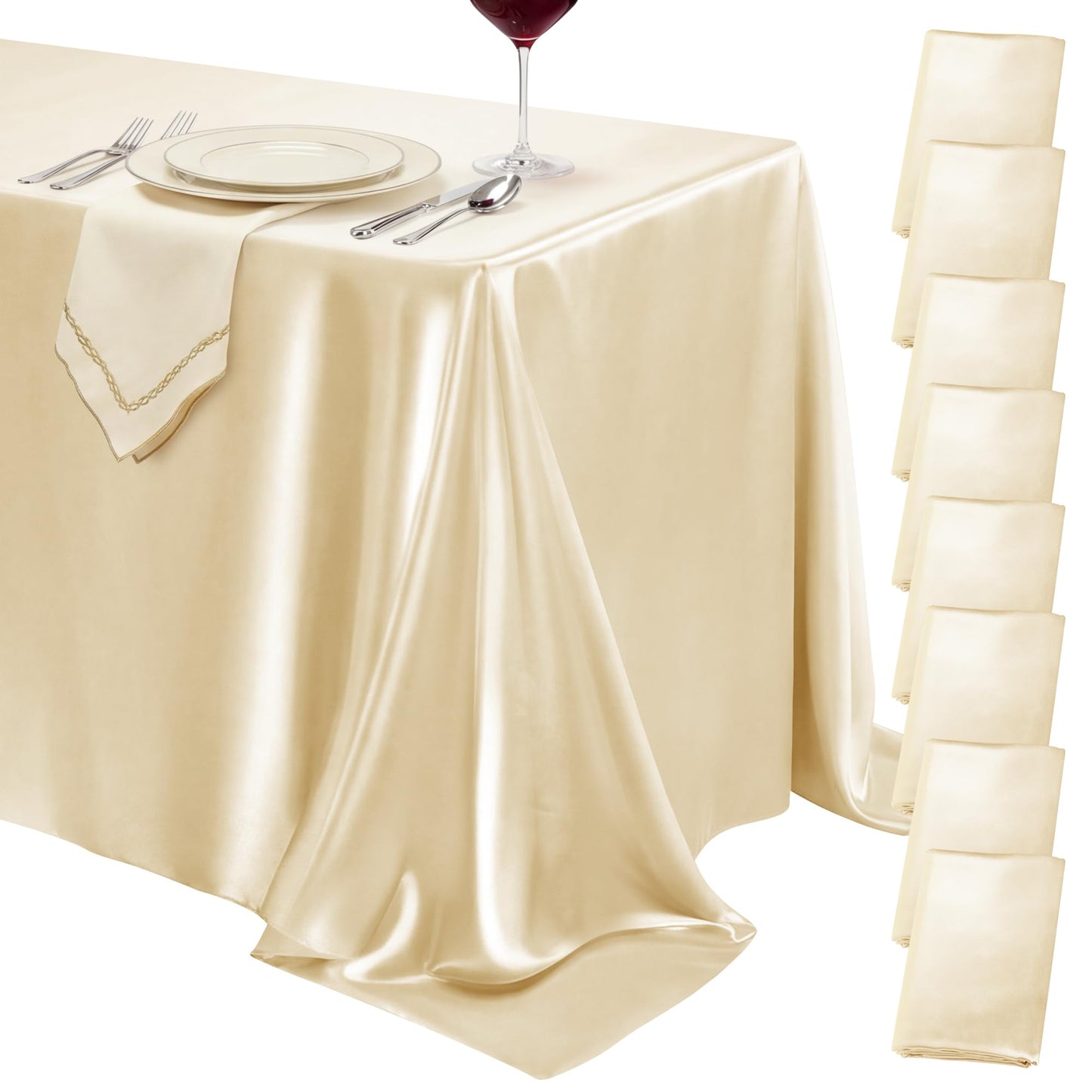 COSINIA 8 Pack Champagne Satin Tablecloth 58 x 102 Inches, Rectangular Satin Table Cloths for Wedding Reception, Birthday Party, Graduation & Holiday Banquet Tables