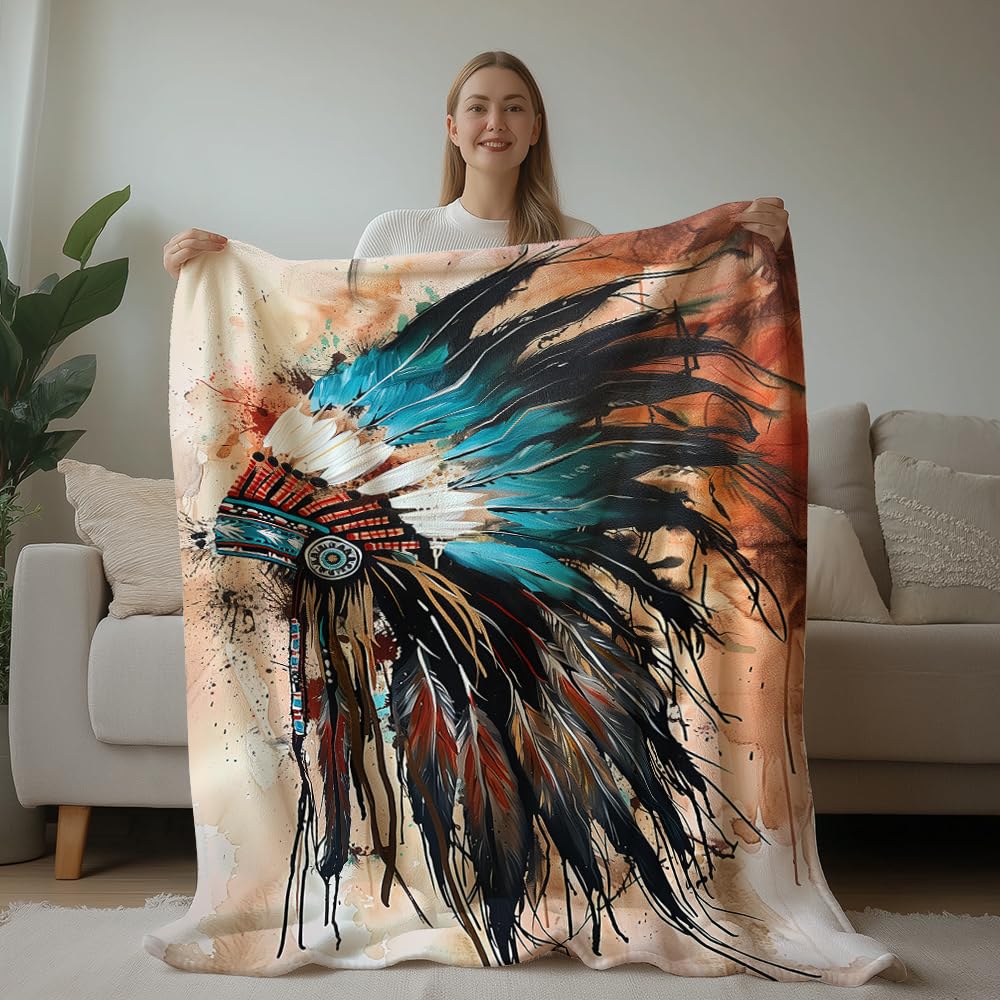 HUNXIAOJ Native American Throw Blanket Indian Print Blanket Indian Feather Headdress Pattern Native American Bedding Warm Soft Flannel for Bed Sofa Couch (50 in x 60 in)