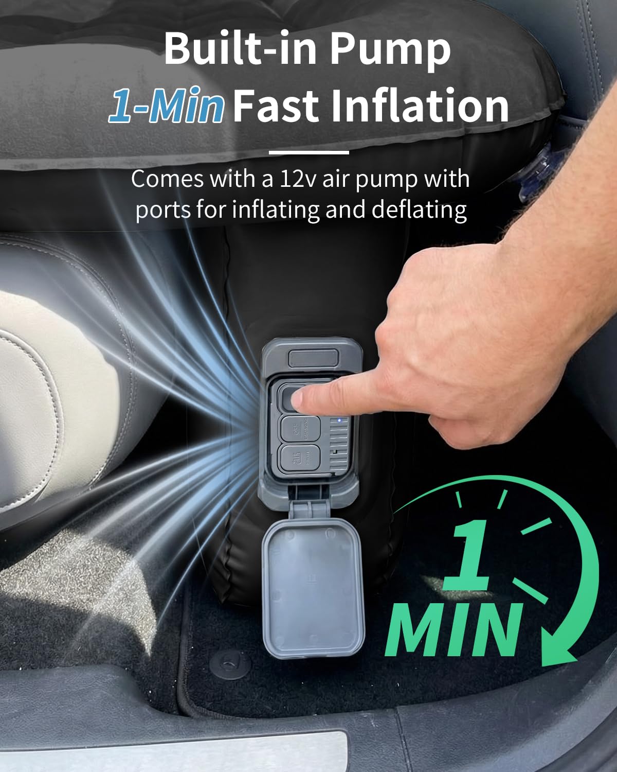 Umbrauto Back Seat Car Air Mattress: Cordless Inflatable SUV Car Camping Bed for Truck Van with Built-in Air Pump, Thickened Double-Sided Flocking Travel Car Sleeping Pad