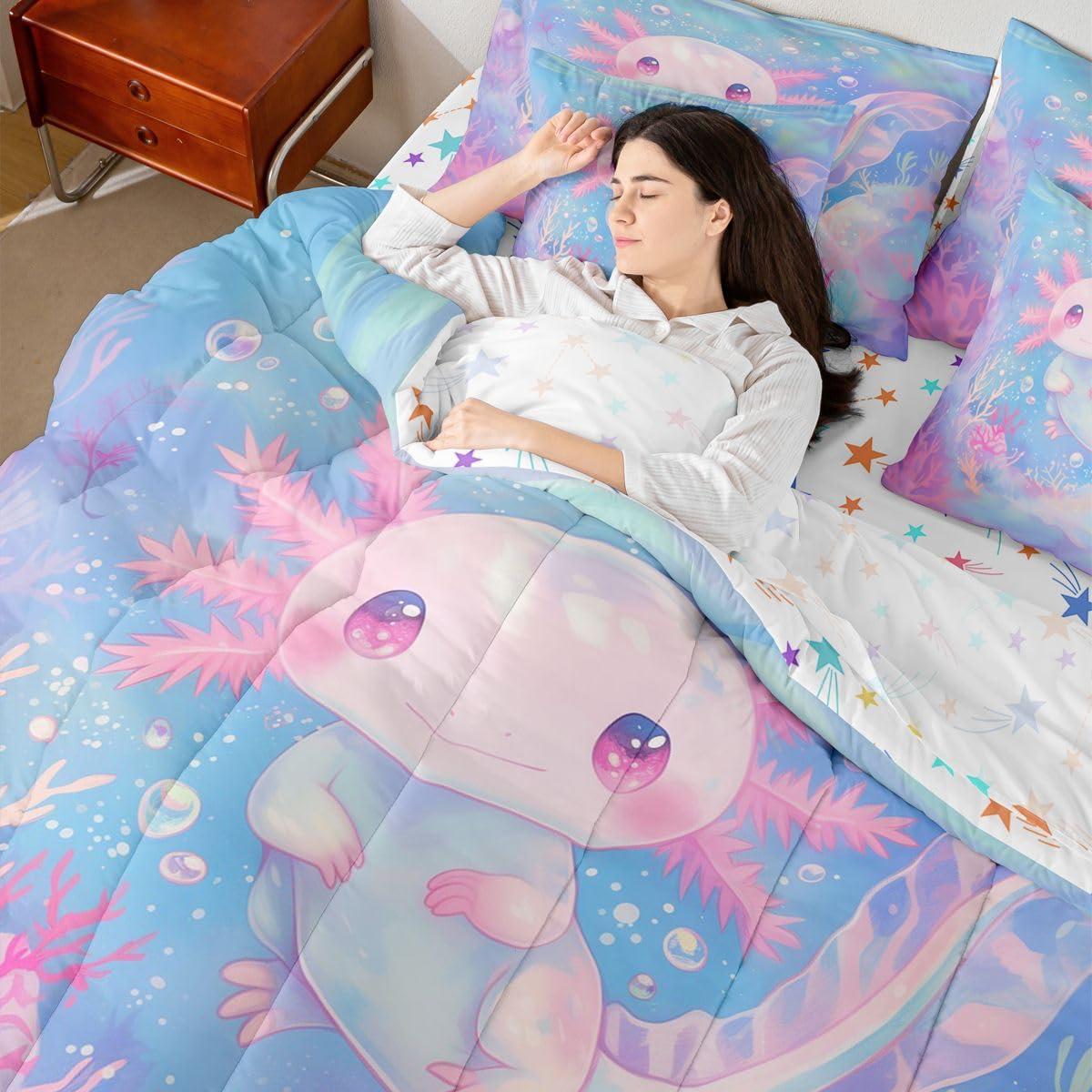 Erosebridal Coral Axolotl Ombre Cute Purple Blue Kids 7 Piece Bedding Set Twin | Salamander Cartoon Comforter Set with Sheets Ocean Sealife Kawaii Bed in A Bag Seaweed Bed Sets