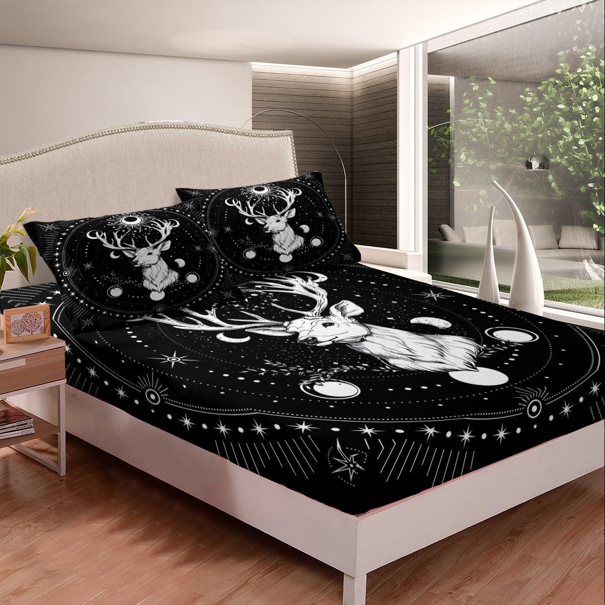 jejeloiu Deer Bed Sheets Set for Kids Boys Girls Twin Size Sun Moon Fitted Sheet Cosmic Celestial Bedding Set Western Bed Cover Room Decor Boho Exotic
