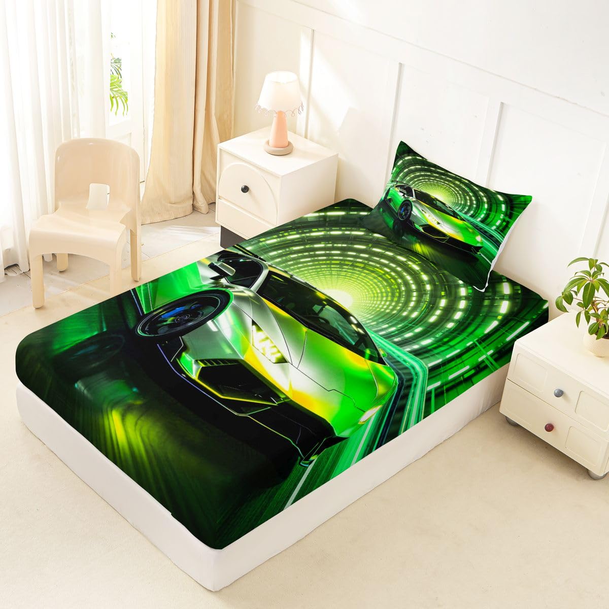Feelyou Boys Race Car Fitted Sheet with 1 Pillowcase Twin Size Speed Sports Bed Sheets Set 16" Deep Pocket Boys Girls Racing Extreme Sports Bedding Teens Bedroom Decor Breathable Soft Lightweight