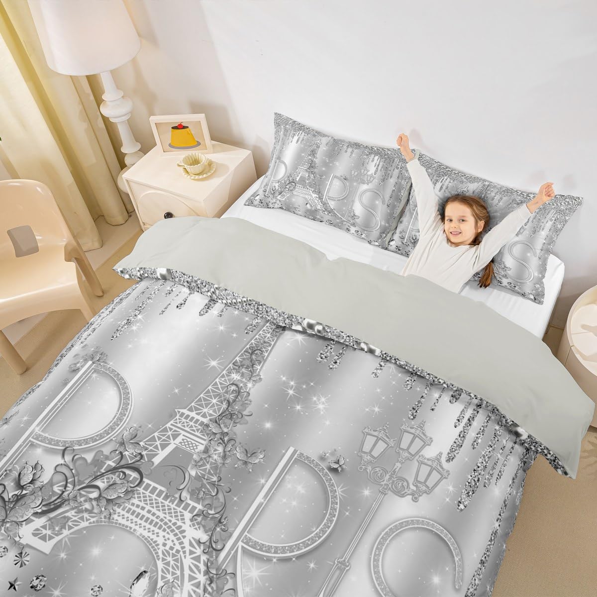 Paris Duvet Cover Set King Size Sliver Glitter Diamond Bedding Set 3pcs for Kids Girls Boys Women Room Decor,Romantic Eiffel Tower Comforter Cover Luxury Pearls and Jewels Quilt Cover,2 Pillowcases
