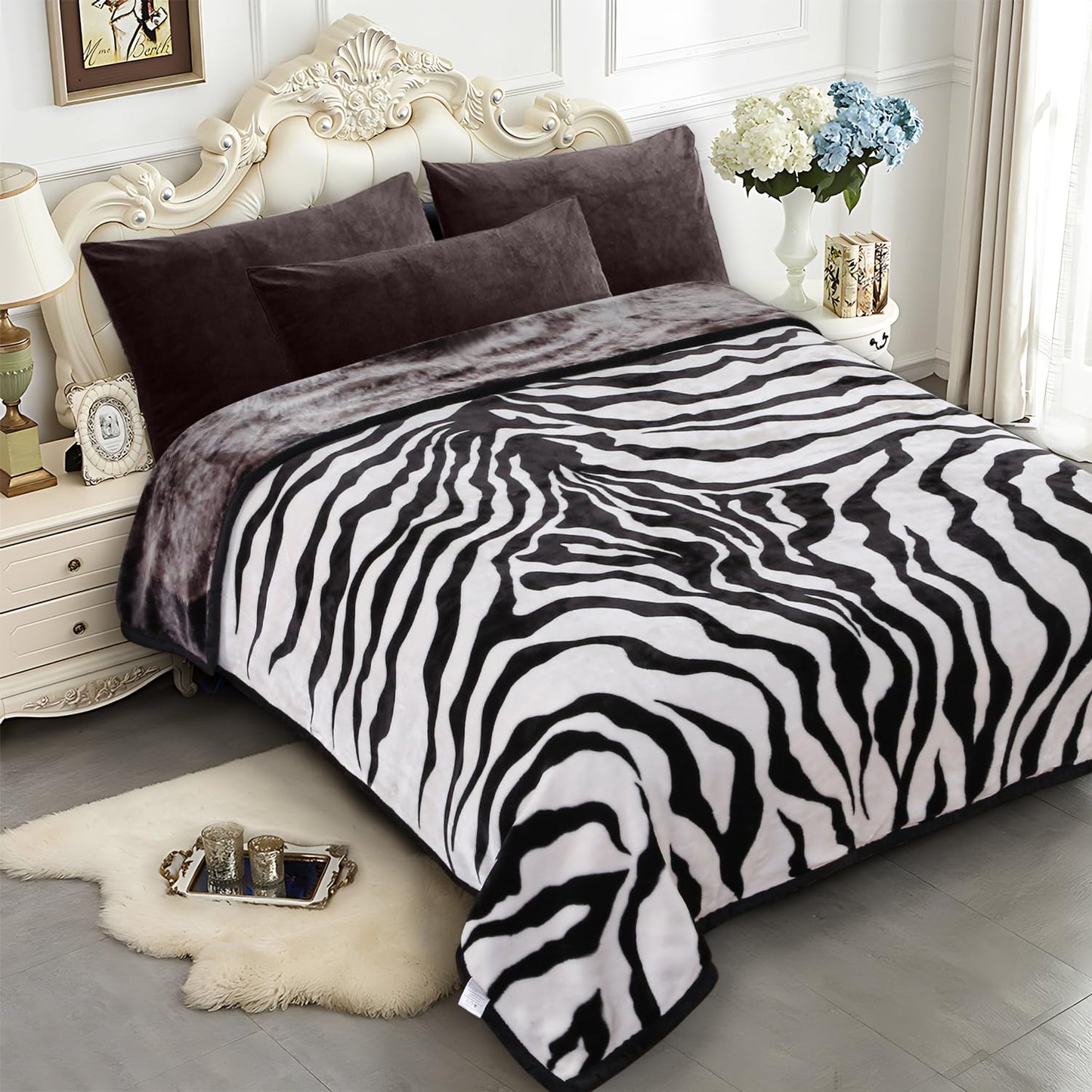 JYK Soft Fleece Bed Blanket Queen Size 5 LB, Korean Style 2 Ply Reversible Fluffy Flannel Blanket Microfiber, Warm Cozy Blanket for Autumn, Winter 75x87 Inches - Black White Tiger/Tiger Stripes