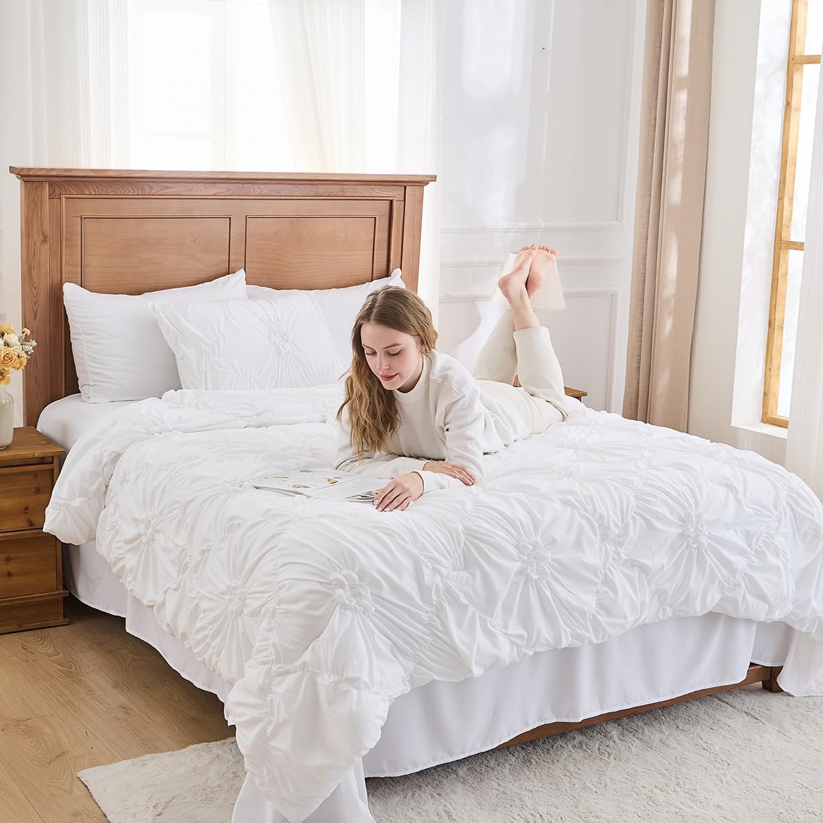 Jameswish White Comforter Set Queen Size Bed in A Bag 7 Piece Pinch Pleat Bedding Set,Pintuck Ruched Flowers Bed Set with Comforter, Sheets, Pillowcases & Shams