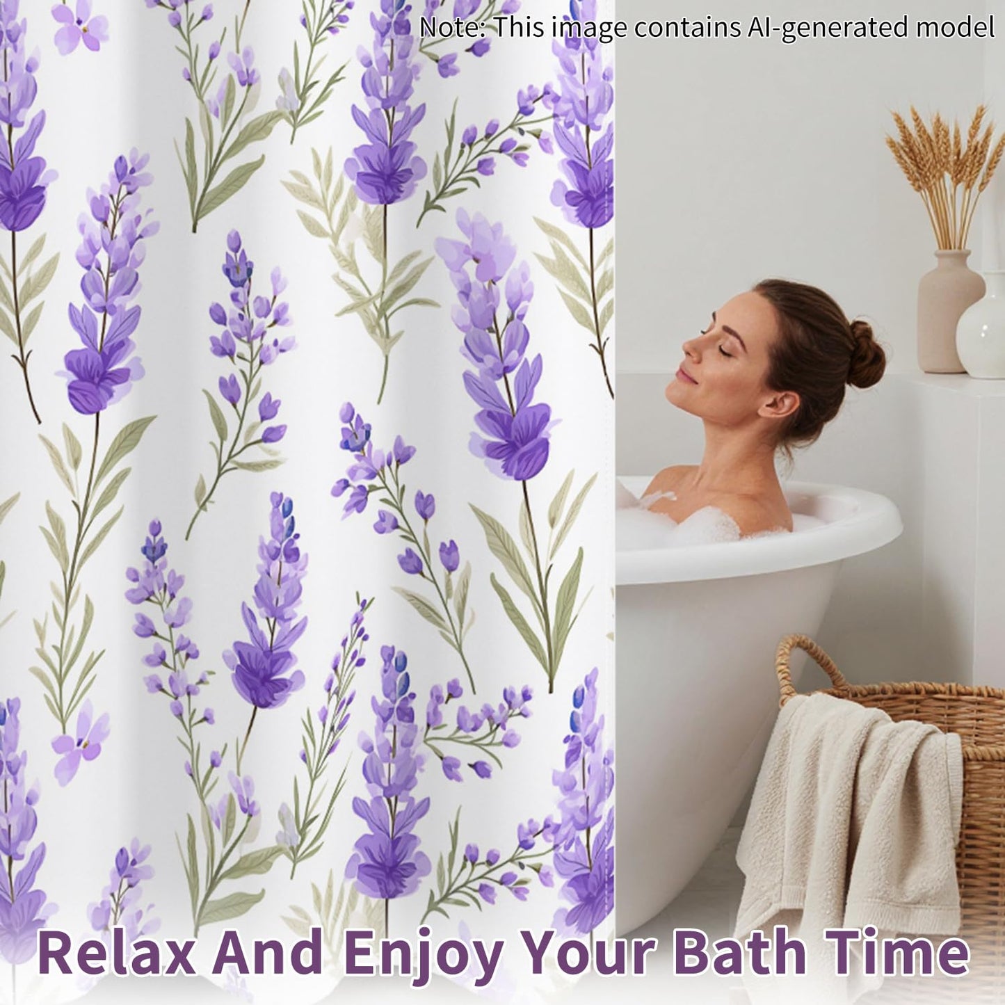 Leowefowa No Hook Shower Curtain and Waterproof Liner Set, Lavender Botanical Bath Curtain, Purple Watercolor Print, Light Fabric Bathroom Curtain with See Through Mesh Top Window, 71x74 Inch
