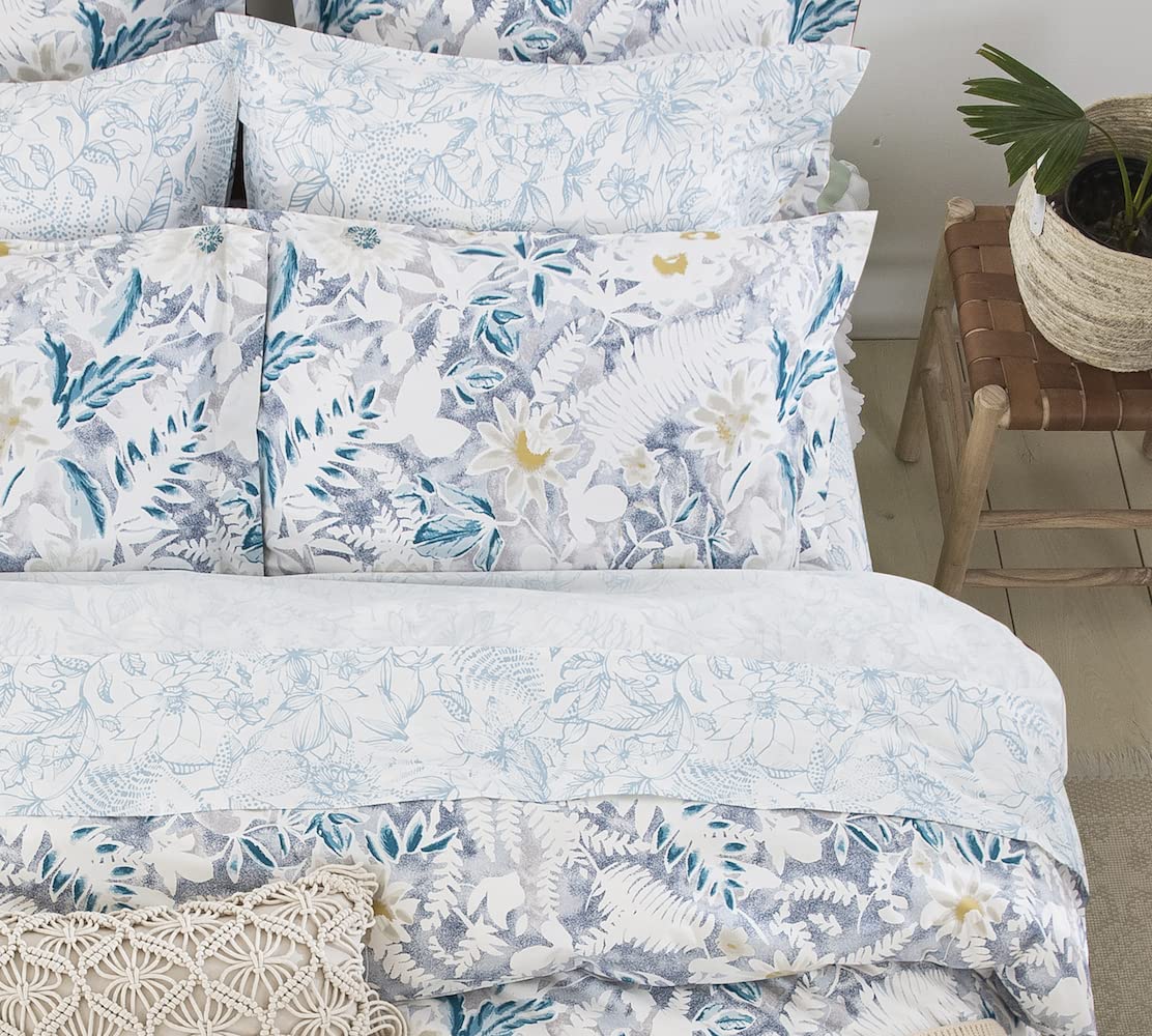 DAUAOTO Cotton Sheets Set King Size 4 Pieces Flower Bedding Sets, Aqua Blue Floral Pattern, Up to 14" Deep