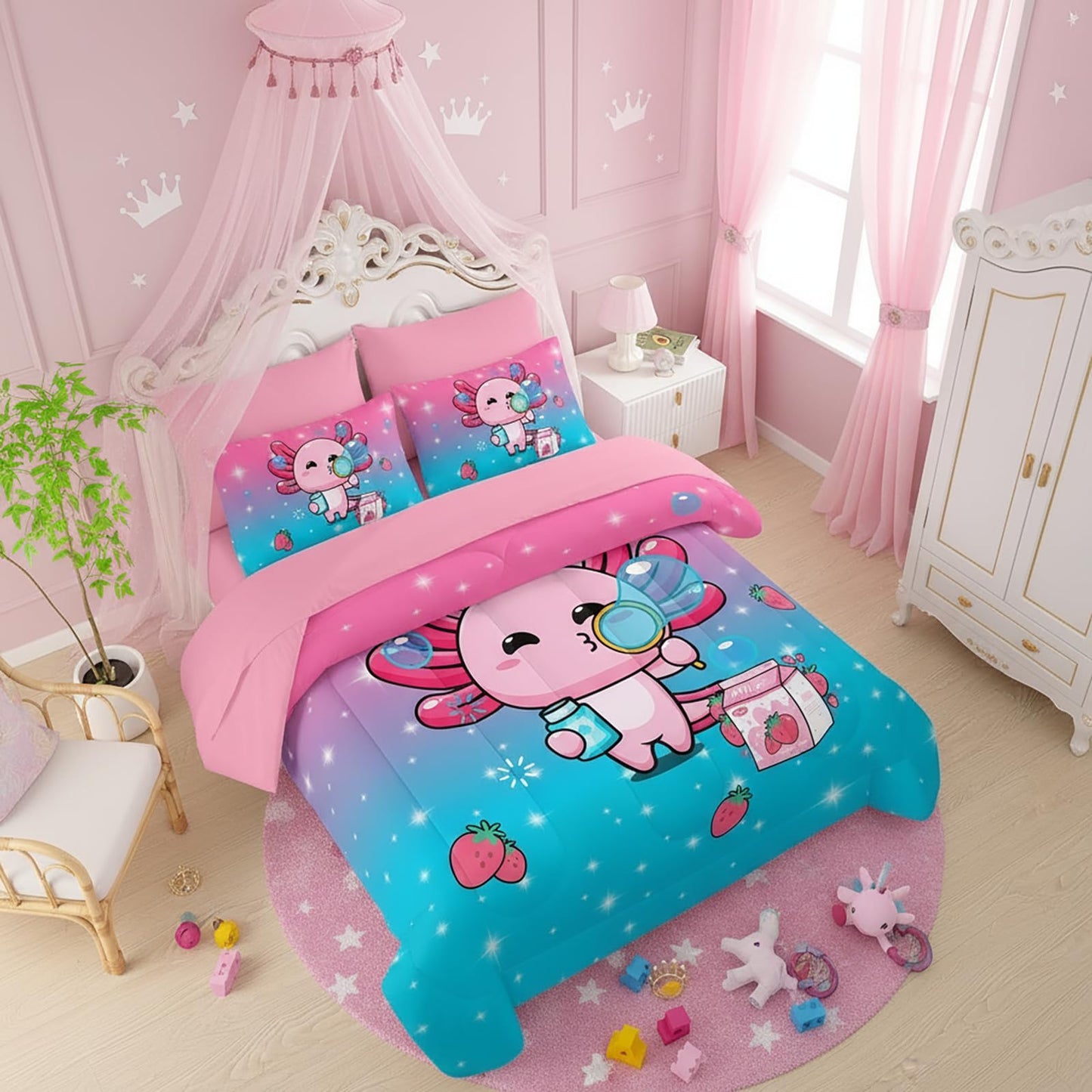 QOOMO Axolotl 7 Pieces Comforter Set Queen Size,Salamander Bedding Set for Kids-Include 1 Comforter,1 Fitted Sheet,1 Flat Sheet,2 Printing Pillowcases and 2 Pink Pillowcases