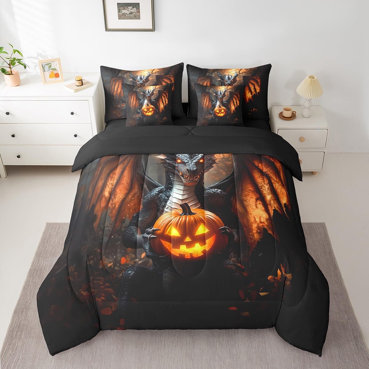 7 Pieces Pumpkin Lantern Dragon Comforter Set Queen,Happy Halloween Bed Set for Kids Boys Girls,Horror Night Bedding(1 Comforter,1 Fitted Sheet,1 Flat Sheet,2 Pillowcases,2 Throw Pillow Cover)