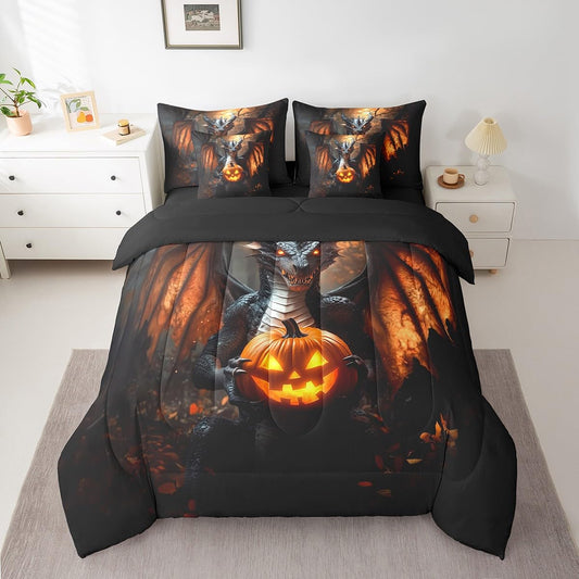 7 Pieces Pumpkin Lantern Dragon Comforter Set Queen,Happy Halloween Bed Set for Kids Boys Girls,Horror Night Bedding(1 Comforter,1 Fitted Sheet,1 Flat Sheet,2 Pillowcases,2 Throw Pillow Cover)