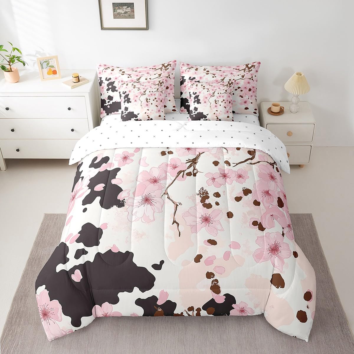 Erosebridal Pastel Pink Cherry Blossom Full Size Bed Sheets and Comforter Set,Western Cowhide 7 Piece Bedding Set Rustic Flowers Bed in a Bag,Farm Animals Skin Cow Print Bed Sets