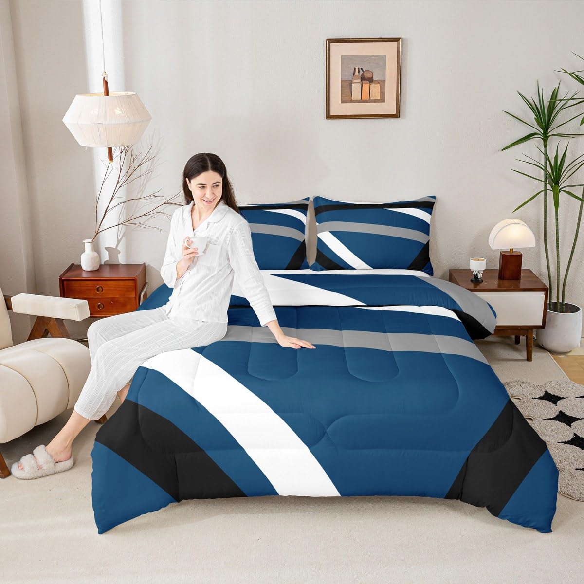 Erosebridal Blue Gray Black Striped Queen Comforter Set for Adult Women Men Modern Abstract Bedding Set Geometric Lines Bed Set Aesthetic Boho Quilt Set