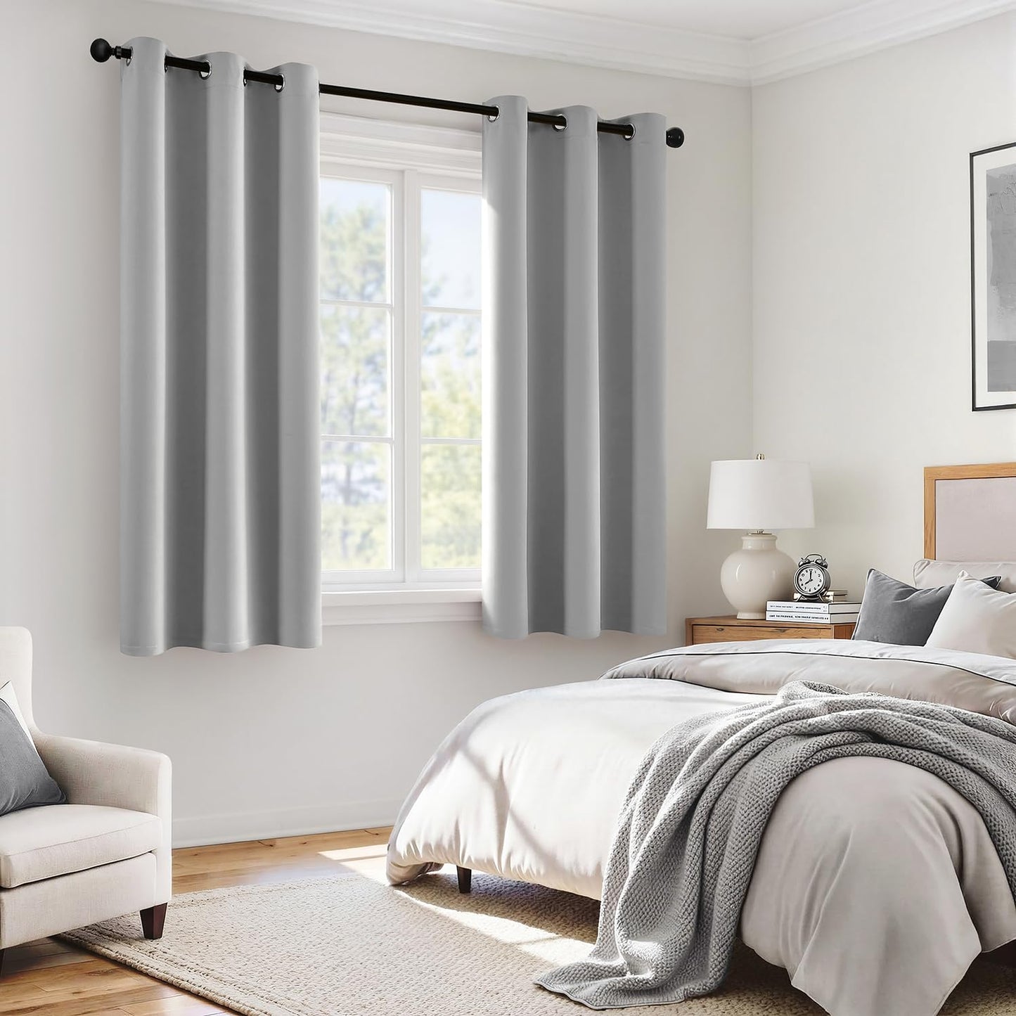 MIULEE Light Grey 100% Blackout Curtains for Bedroom 63 Inch Long, 2 Thick Layers Thermal Insulated Black Out Window Curtains with Black Liner, Noise Reducing Grommet Living Room Drapes 2 Panels