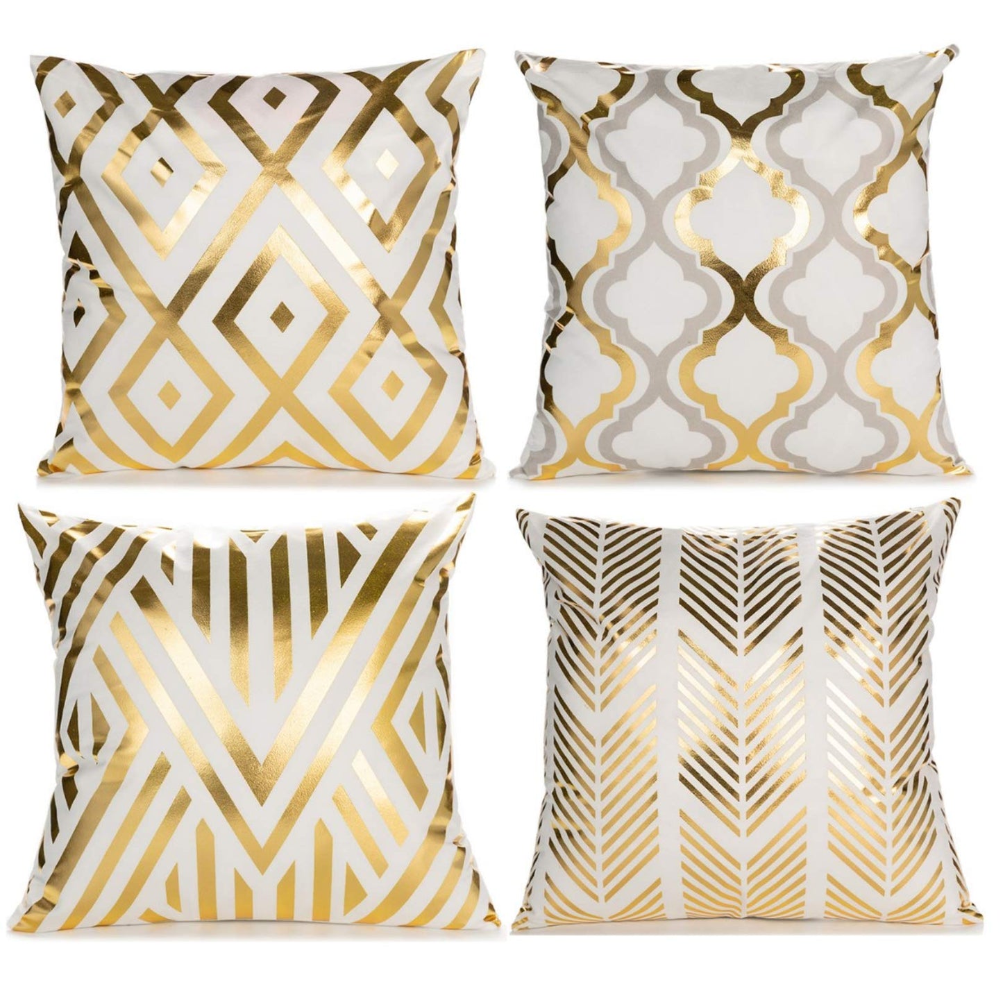 ZLINA Home Decorative Set of 4 Throw Pillow Covers Gold Foil Pillow Covers 18 ×18 Inch Geometric Square Cushion Covers Decor Couch Sofa Bedroom（White and Gold ）