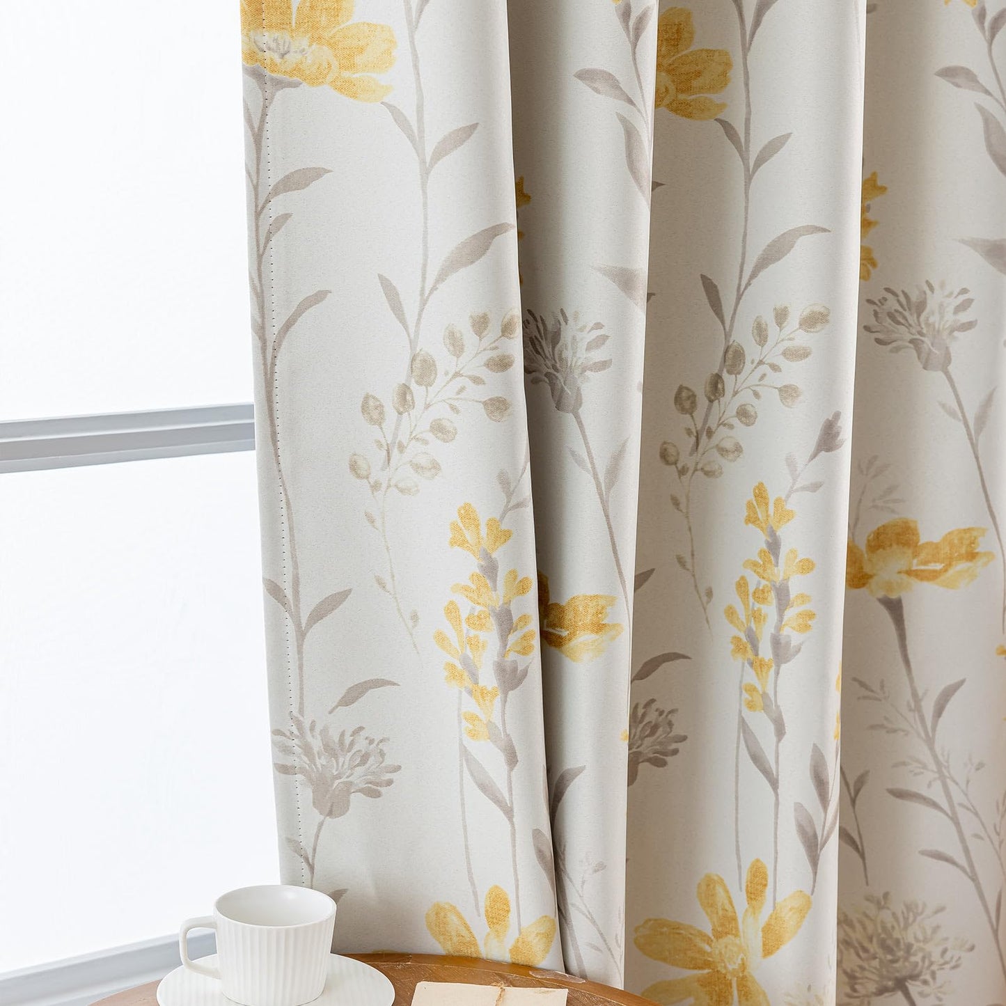 SUOUO Yellow Floral Blackout Curtains for Bedroom 84 inches Long Patterned Grey Leaf Thermal Insulated Window Drapes for Living Room 2 Panels