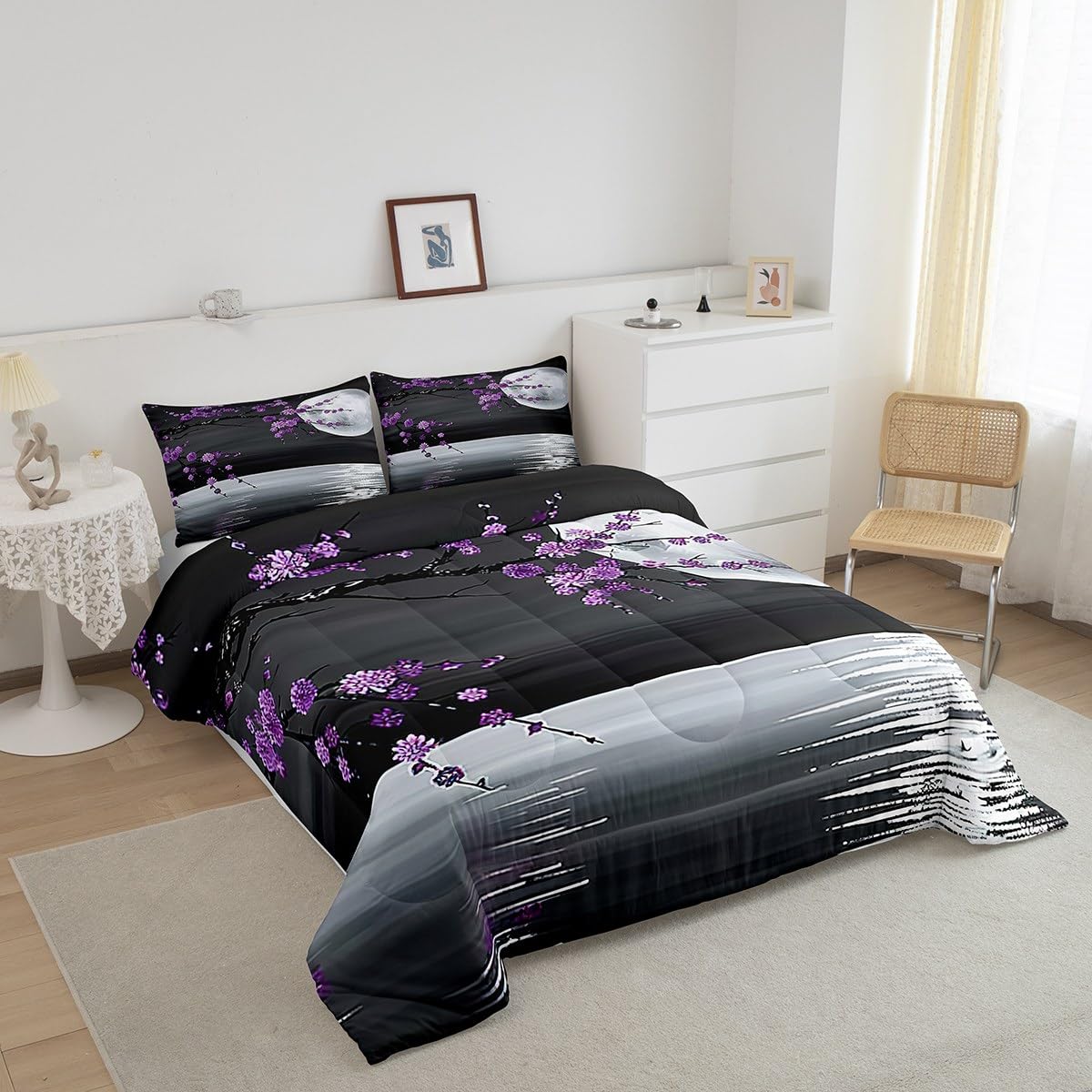 Manfei Moon Lake Twin Size Comforter Set,Purple Blossom Flower Duvet Set Soft Bed Collection,Romantic Japanese Style Bedding Comforter for Boys Girls Bedroom,2 Pcs