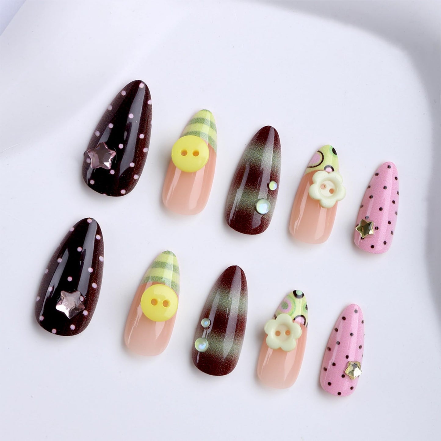 OCTOSWAVE Almond Press on Nails Long 3D Y2K Fake Nails with Star Flower Charms Durable Acrylic False Nails for Women Girls Party 24Pcs