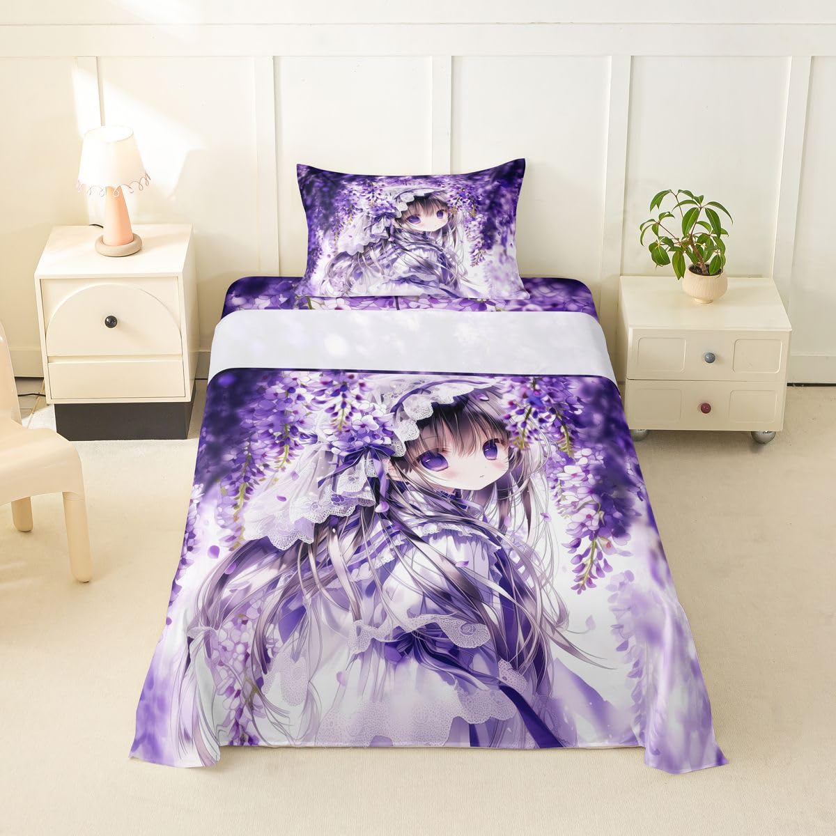 Erosebridal Lilac Flower Girl Bed Sheets Set Purple Spring Floral Sheets Twin,Anime Girl Sheet Set for Boys Girls Cartoon Anime Gift Bedding Sets Bedroom Decor 3 Pieces