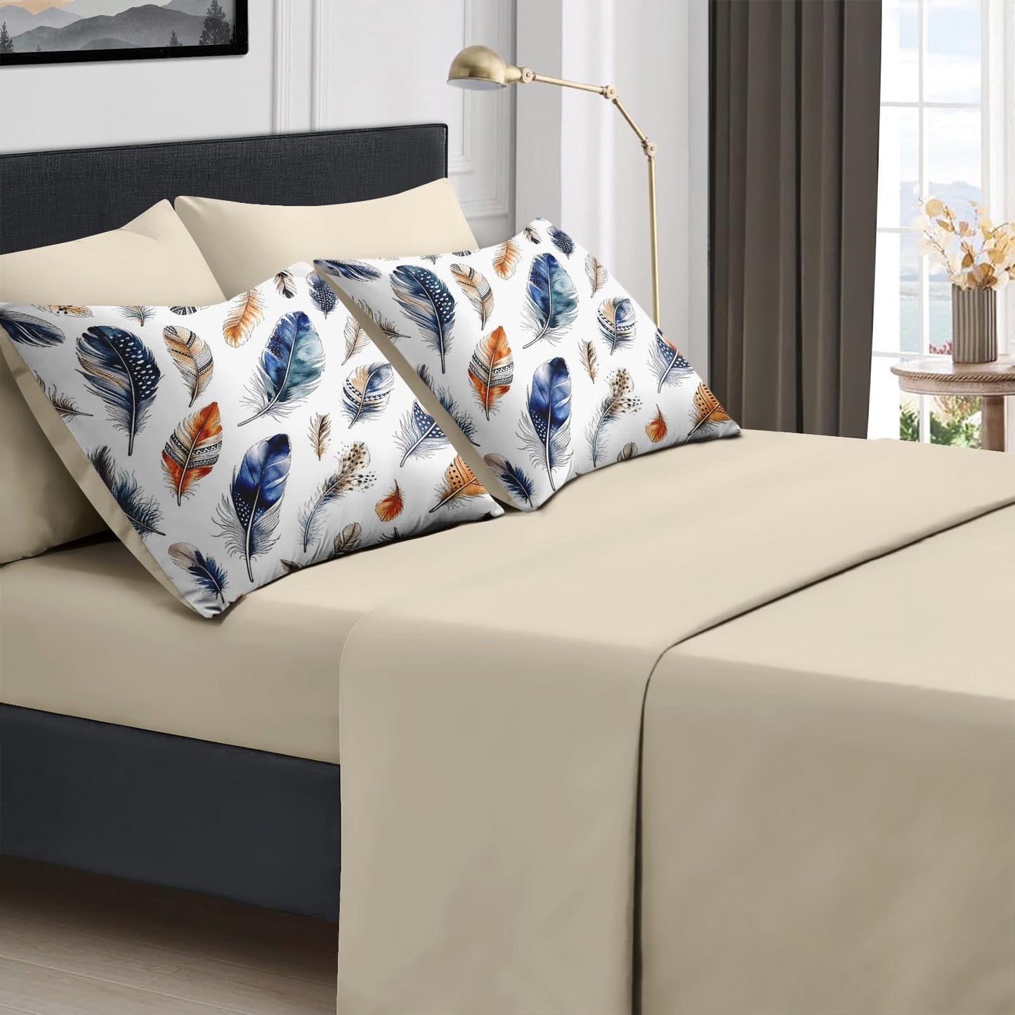 Boewywh Comforter Set Twin Size Feather Boho Western 7 Pcs, Bedding for Kids and Adults, Aztec Blue Bed Sheet Sets with Fitted Sheet 2 Pillowcases & 2 Shams for Bedroom Bed Decor